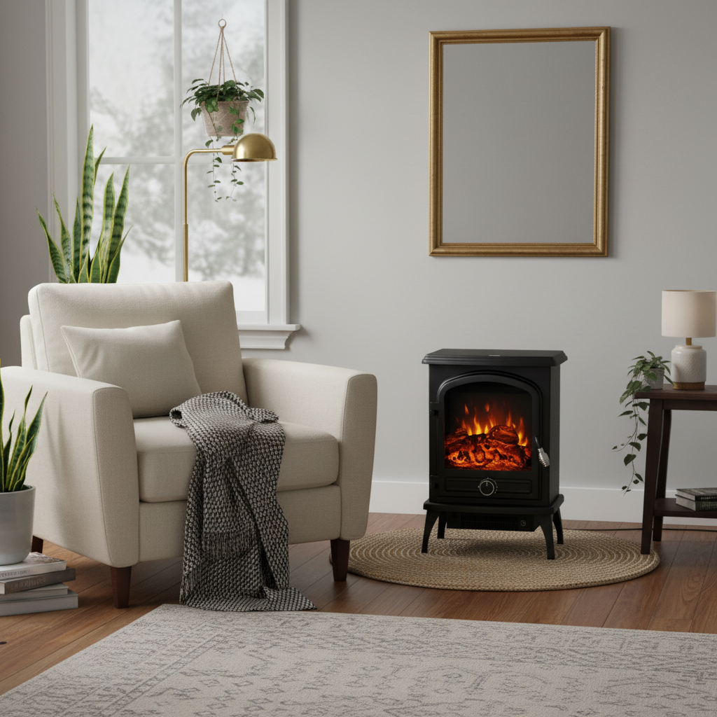 Comfort Zone Electric Fireplace Heater – 1500W/5120 BTU for Large Rooms with Adjustable Flame & Heat Settings