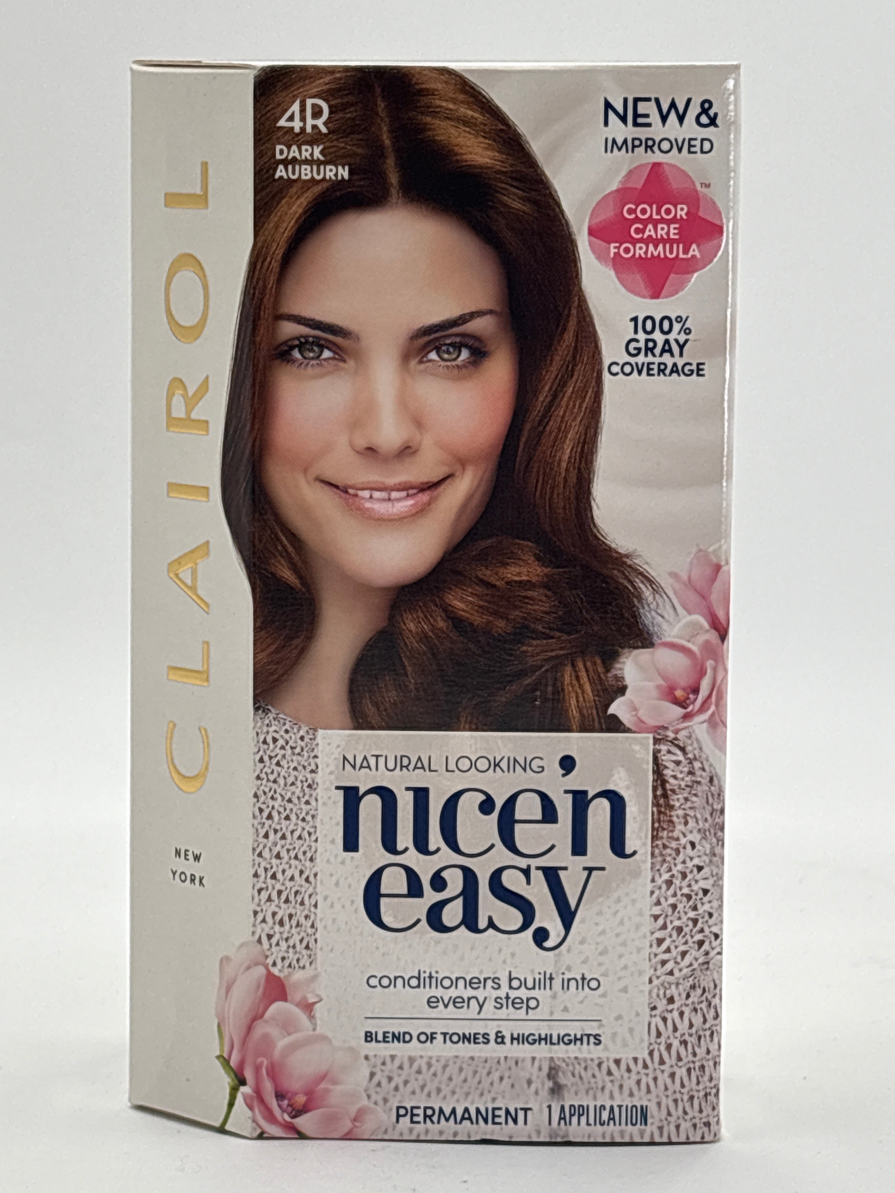 Clairol Nice'N Easy permanent hair dye in 4R Dark Auburn with color care formula and gray coverage