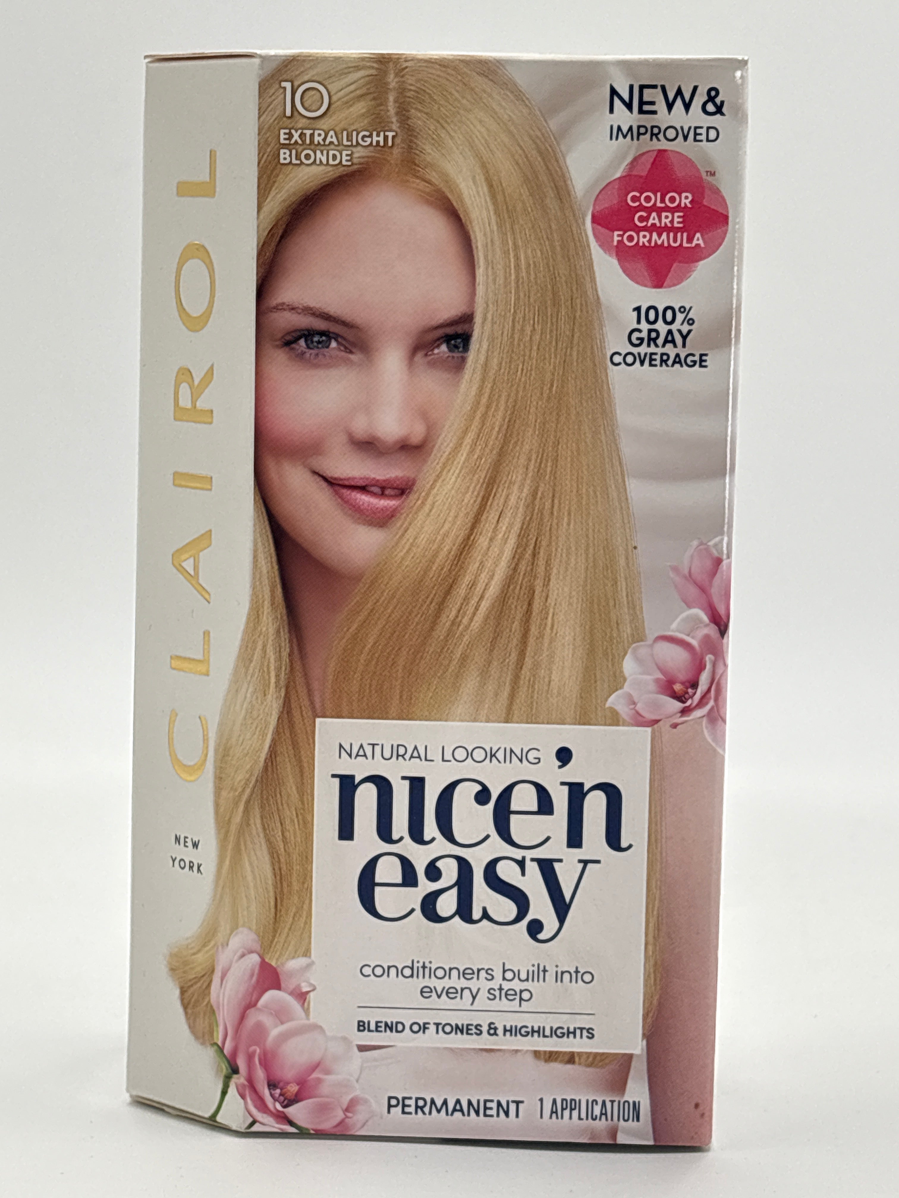 Clairol Nice'N Easy permanent hair dye in Extra Light Blonde with conditioners and color care formula