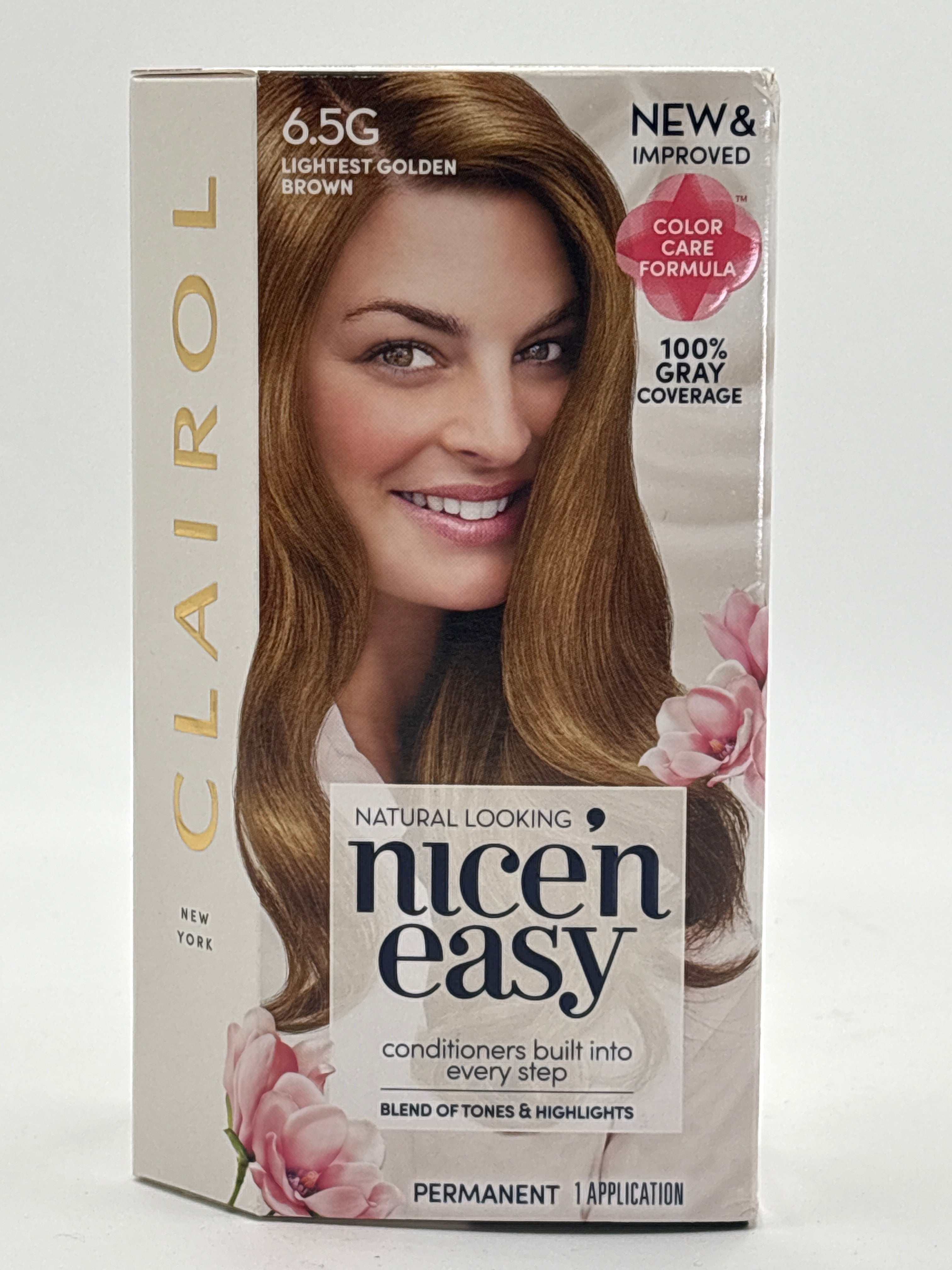 Clairol Nice'N Easy permanent hair dye in 6.5G Lightest Golden Brown with conditioners and 100 percent gray coverage