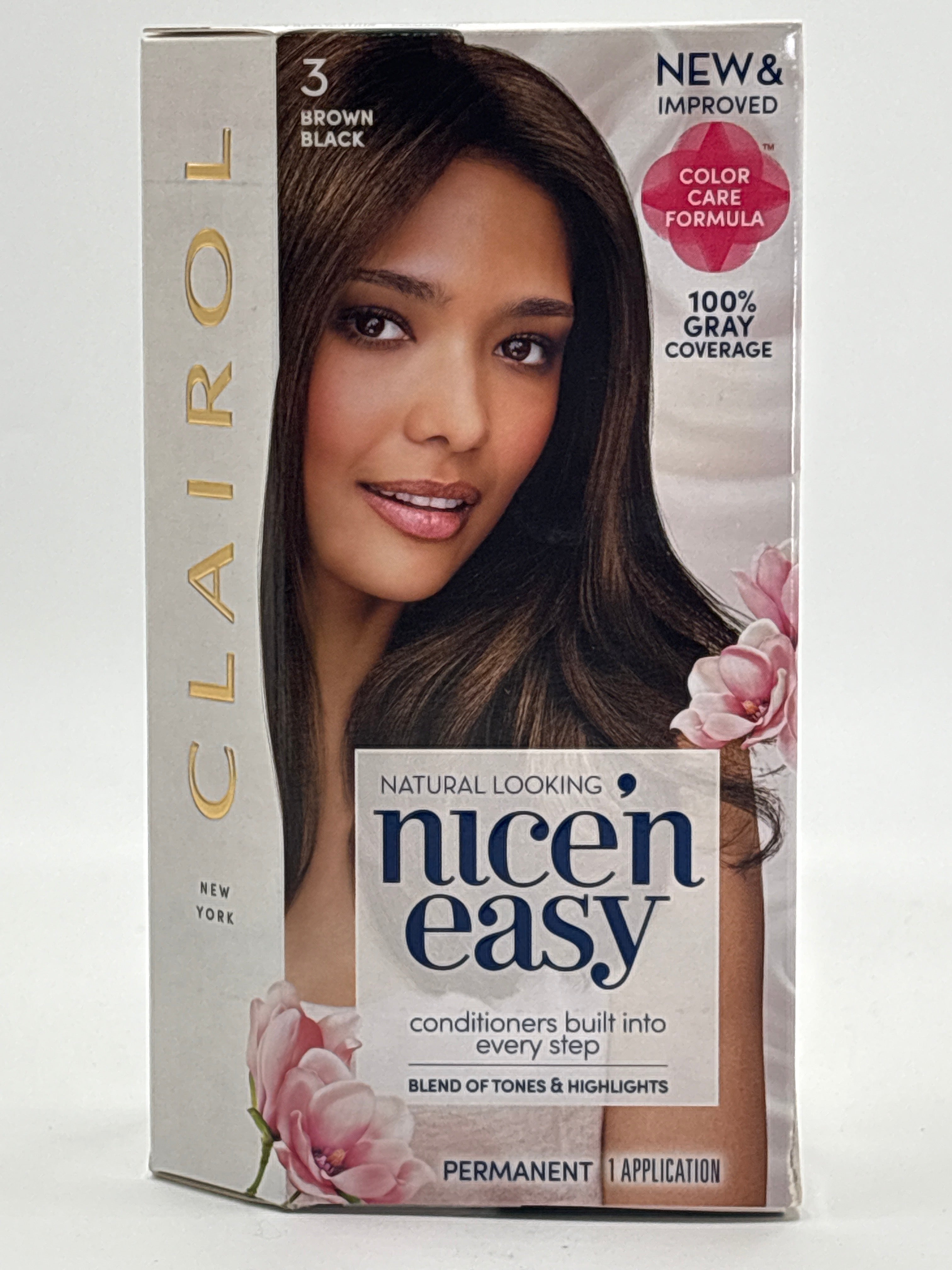 Clairol Nice'N Easy permanent hair dye in brown black with natural looking color and gray coverage