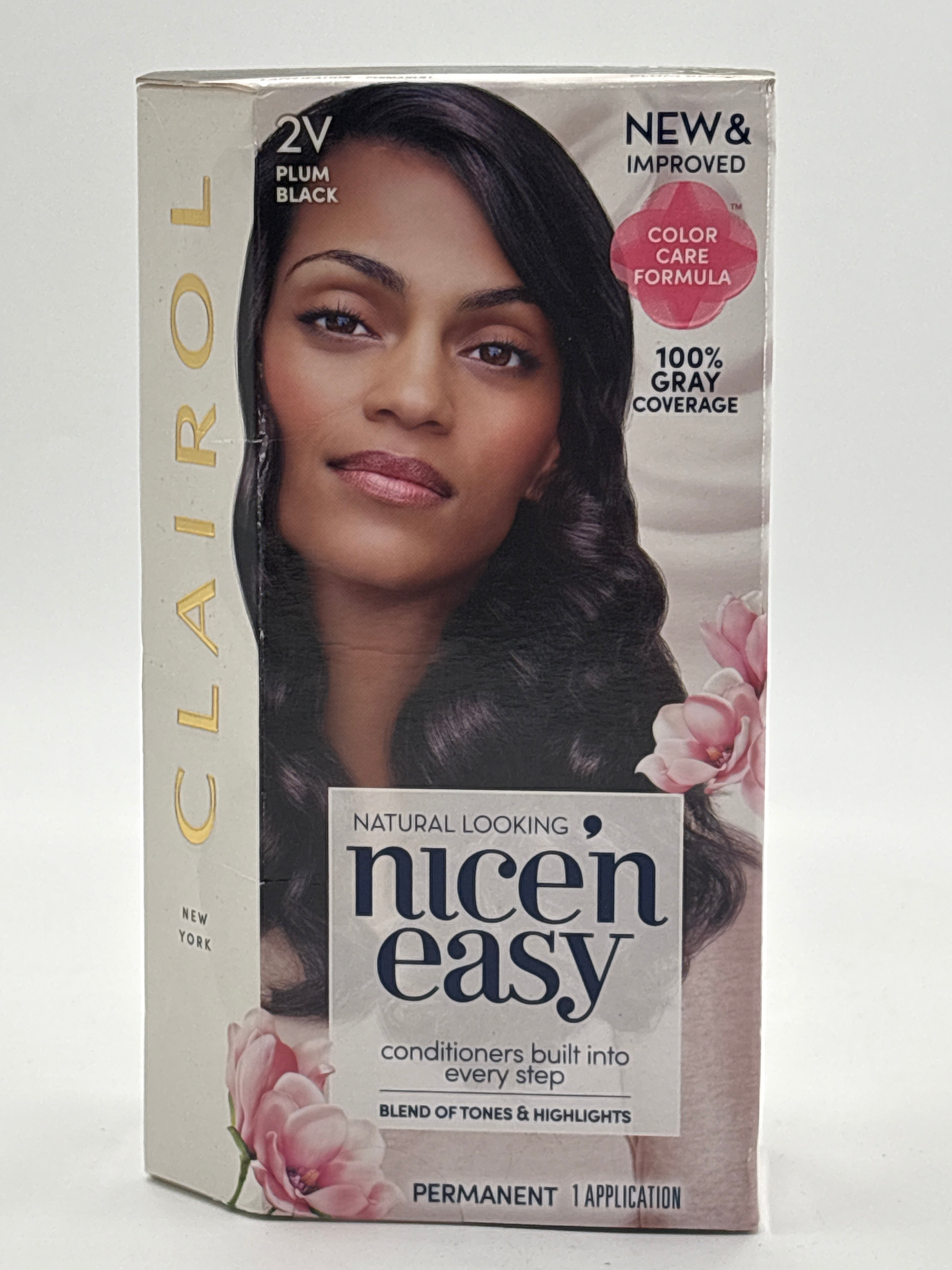 Clairol Nice'N Easy permanent hair dye in Plum Black 2V with color care formula and 100 percent gray coverage
