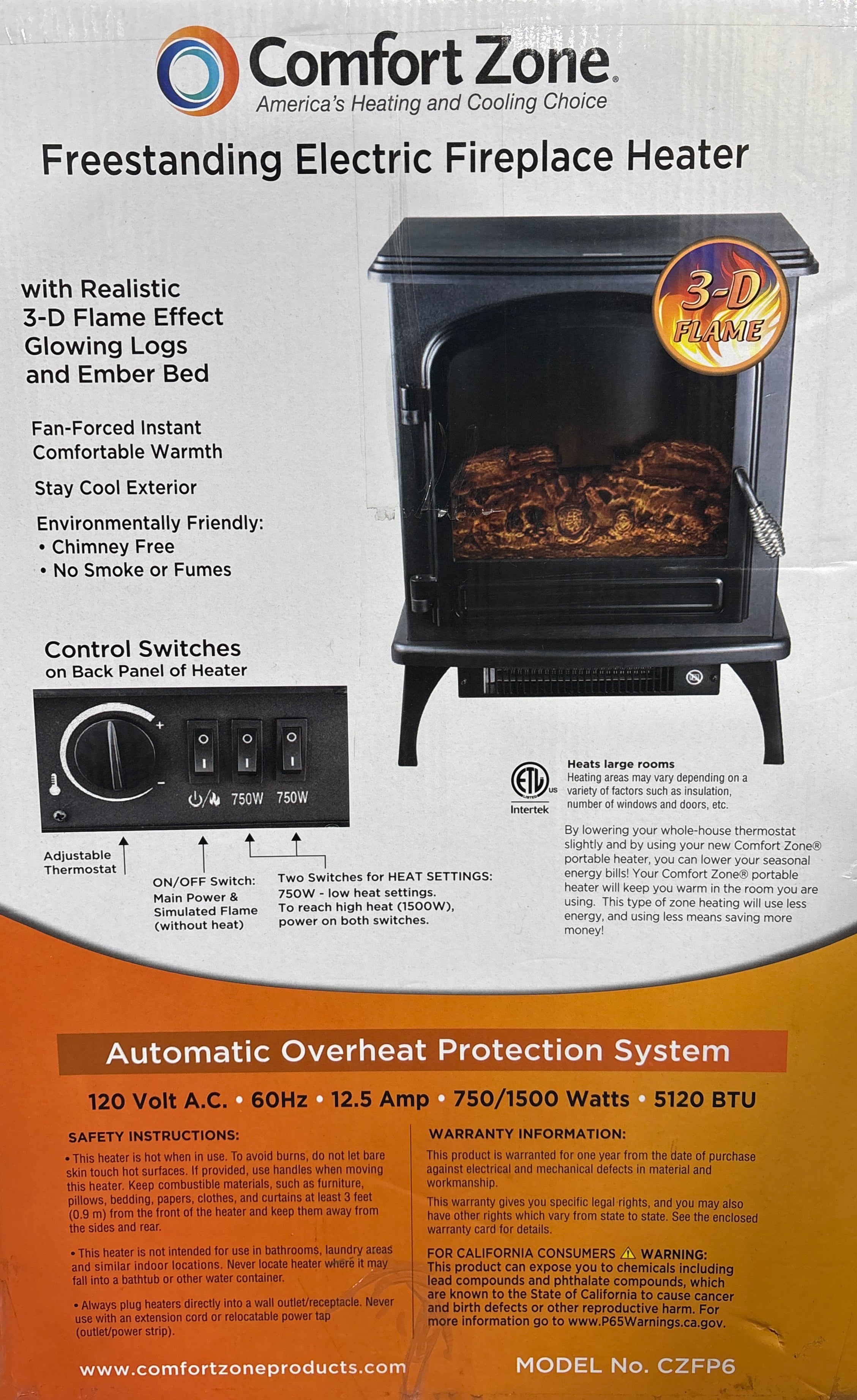 Comfort Zone freestanding electric fireplace heater with 3D flame effect and safe electric fireplace with overheat protection