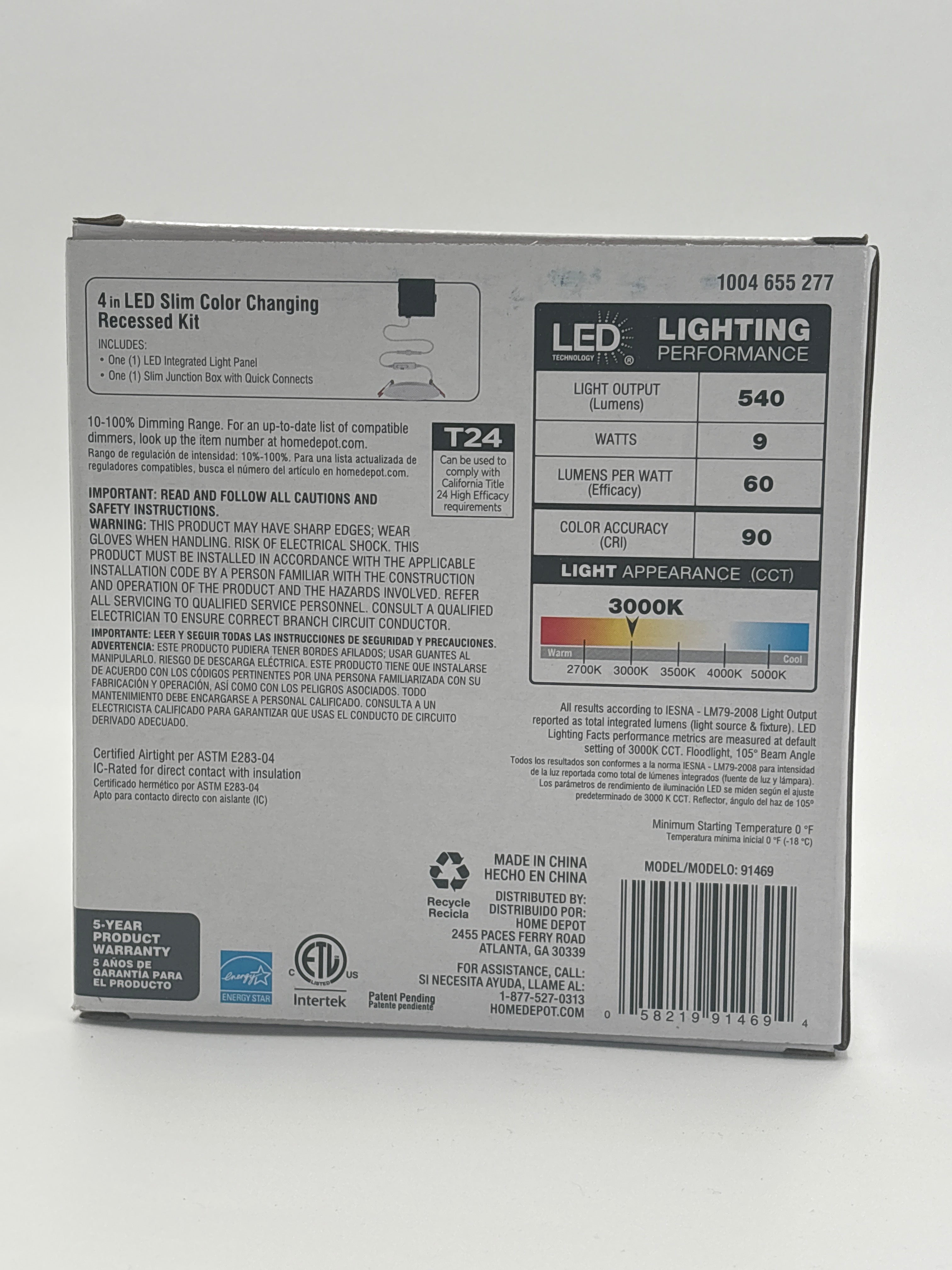 Energy efficient recessed light kit box with LED lighting performance details and 3000K light appearance