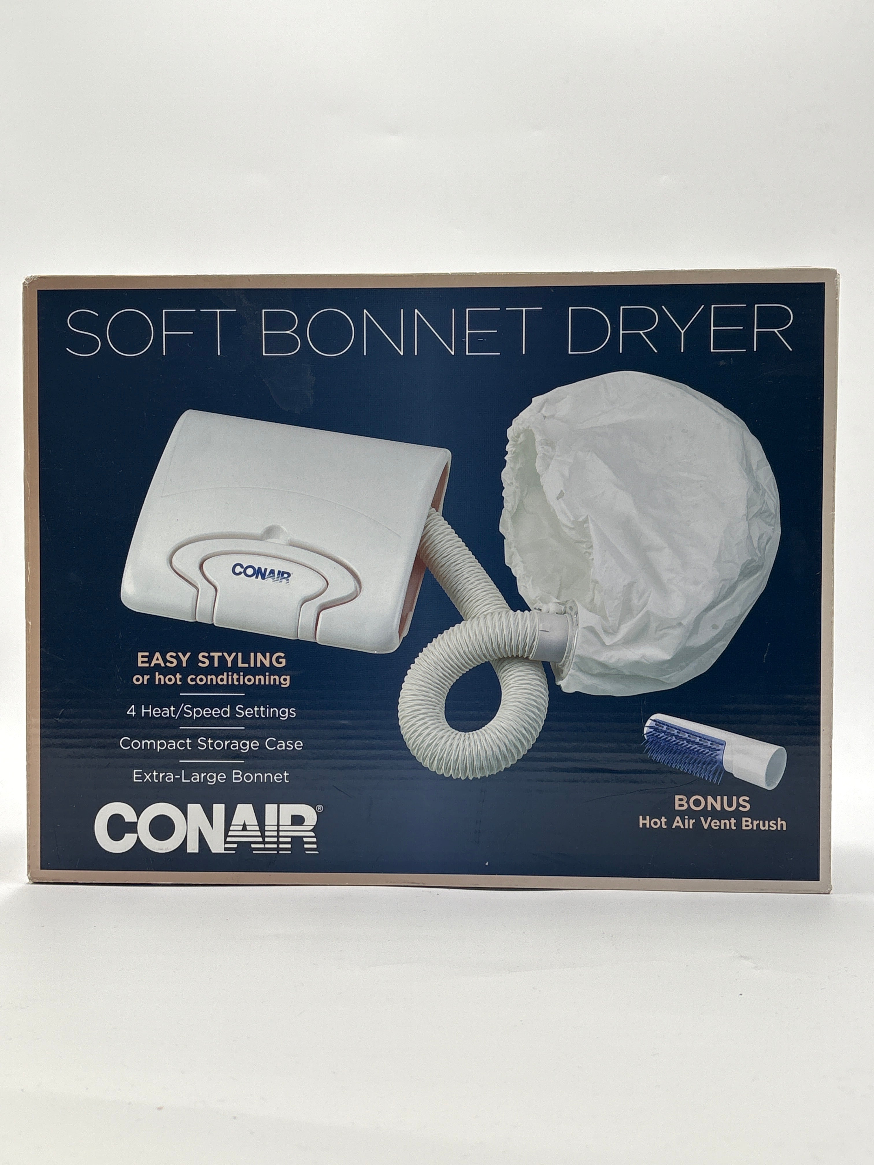 Conair soft bonnet dryer with extra-large bonnet and hot air vent brush for easy styling