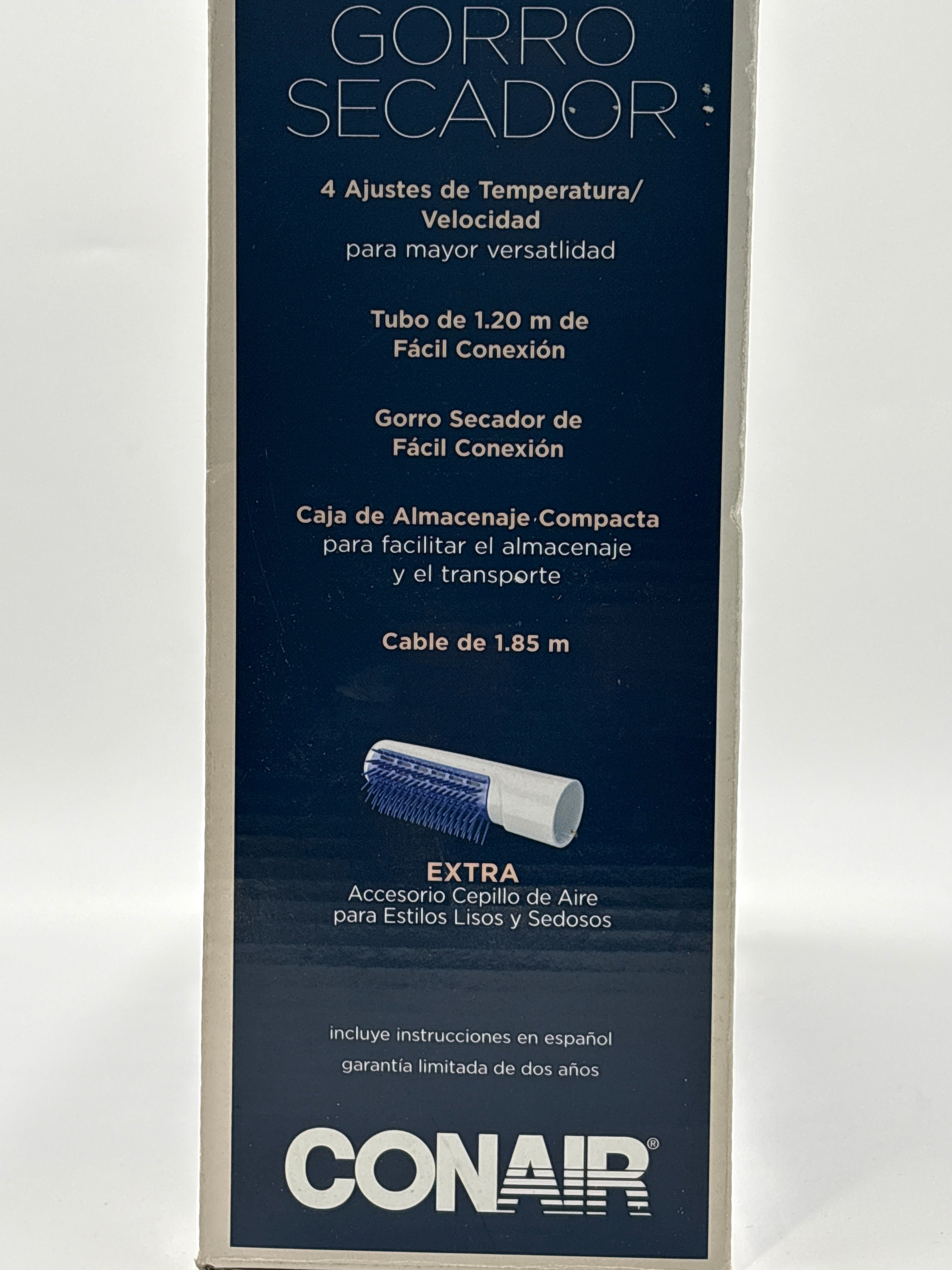 Conair soft bonnet dryer packaging showing features like 4 heat settings and 1.2 meter hose