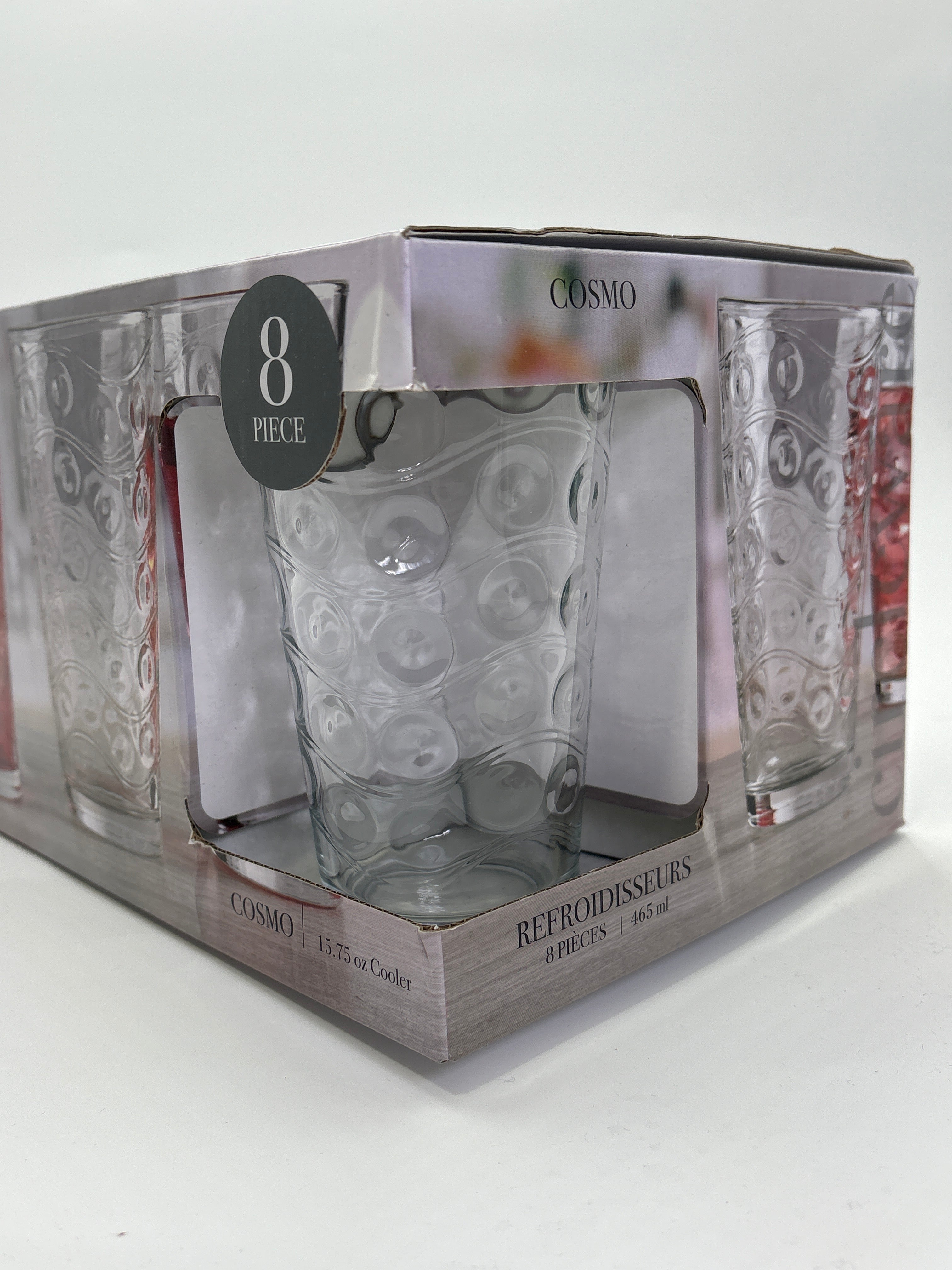 Set of 8 cooler glasses 15.75 oz with textured bubble design in clear glass by Dollars Universe LLC