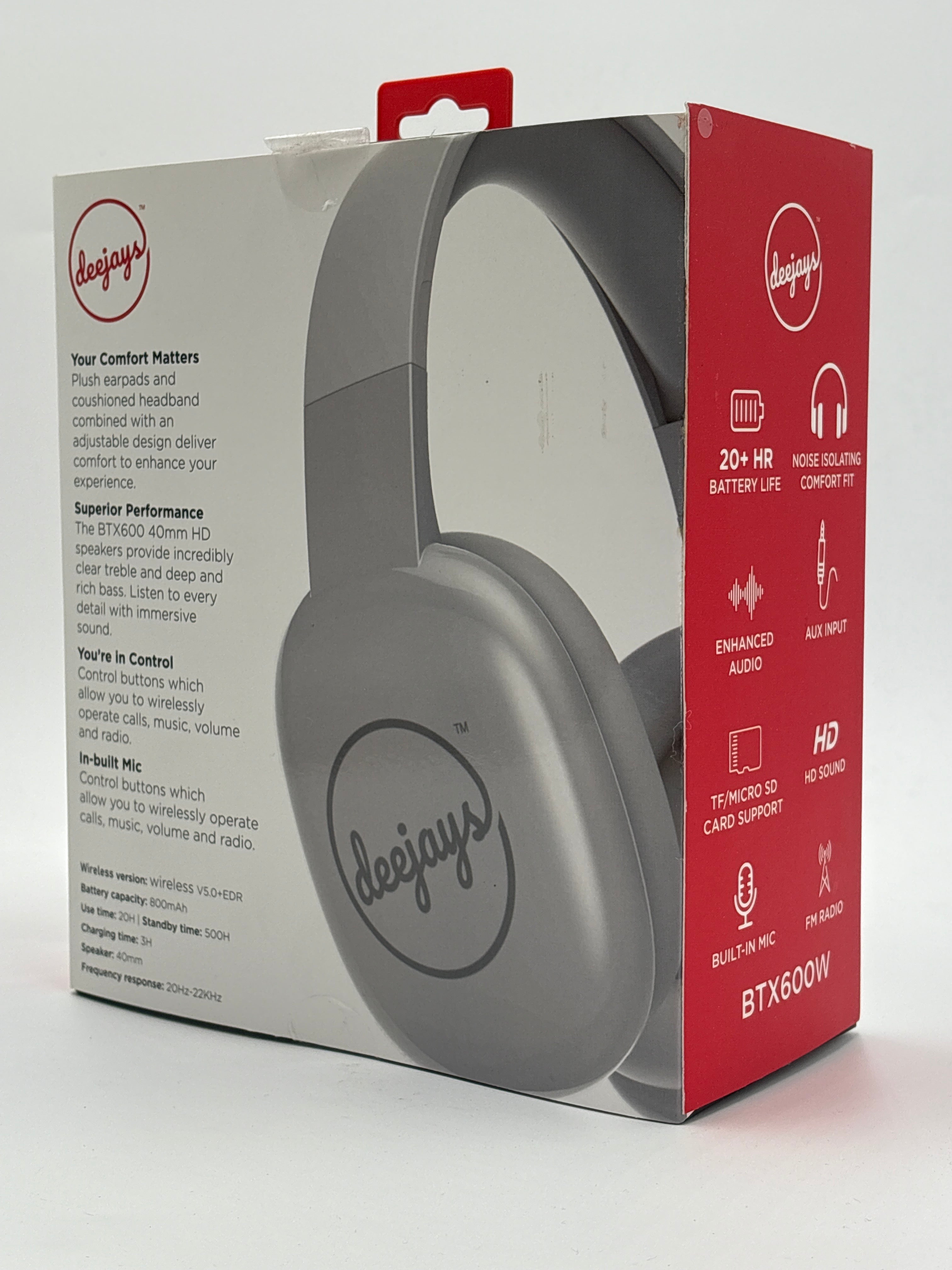 Deejays BTX600W 20 hour battery wireless headphones in gray with noise isolating comfort and HD sound