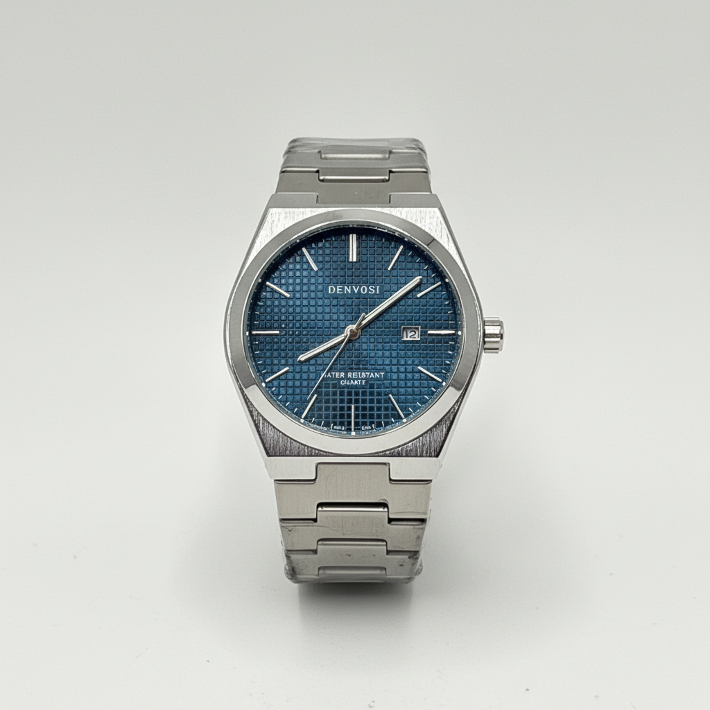 Denvosi men's chrome watch with blue textured dial and stainless steel link bracelet