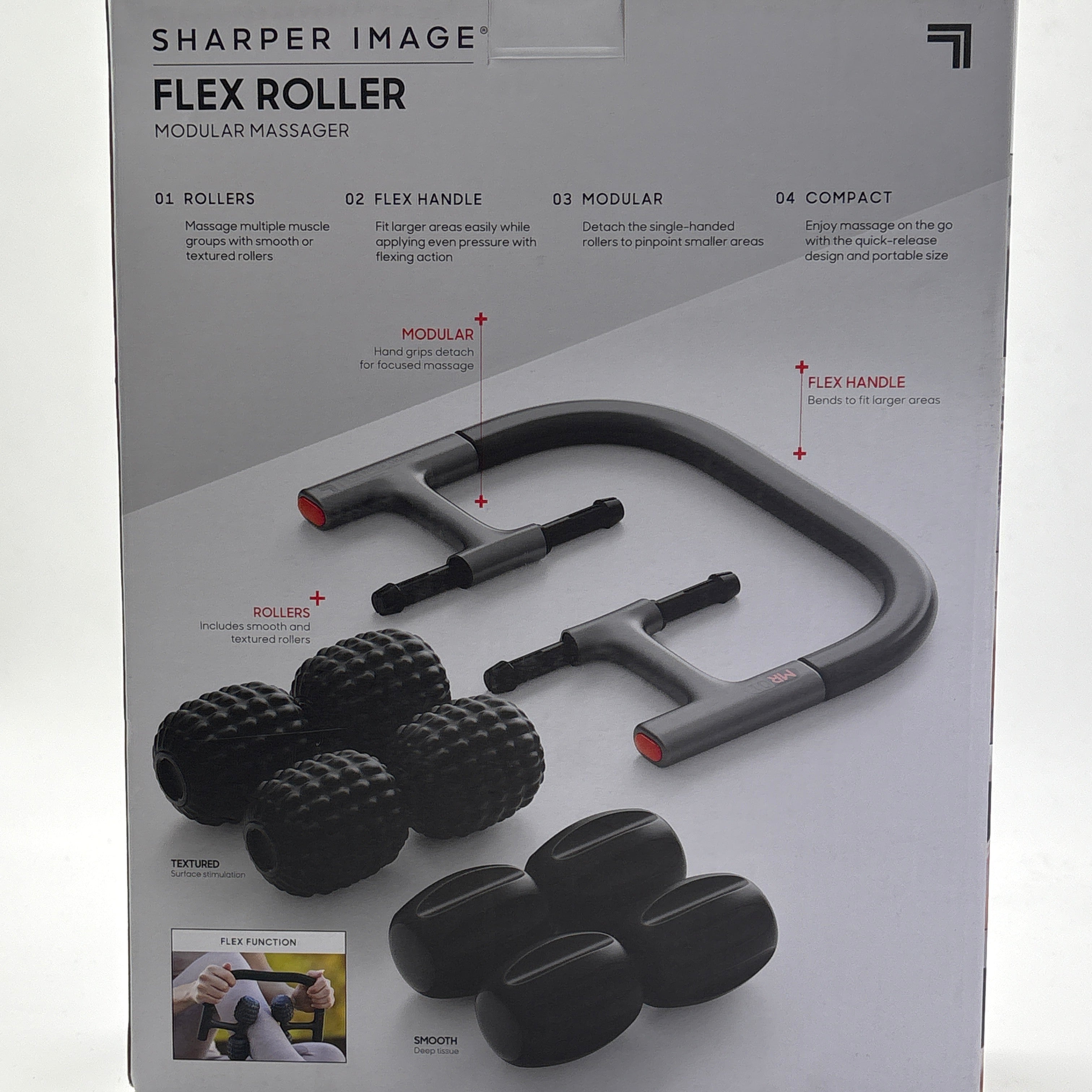 Sharper Image Flex Roller modular massager for muscle relief with rollers and flex handle components