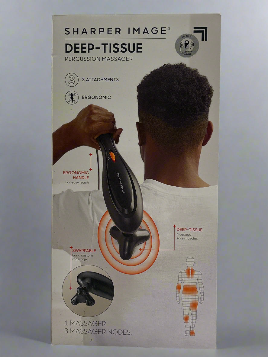 Sharper Image deep tissue percussion massager with ergonomic handle and three attachments for muscle relief