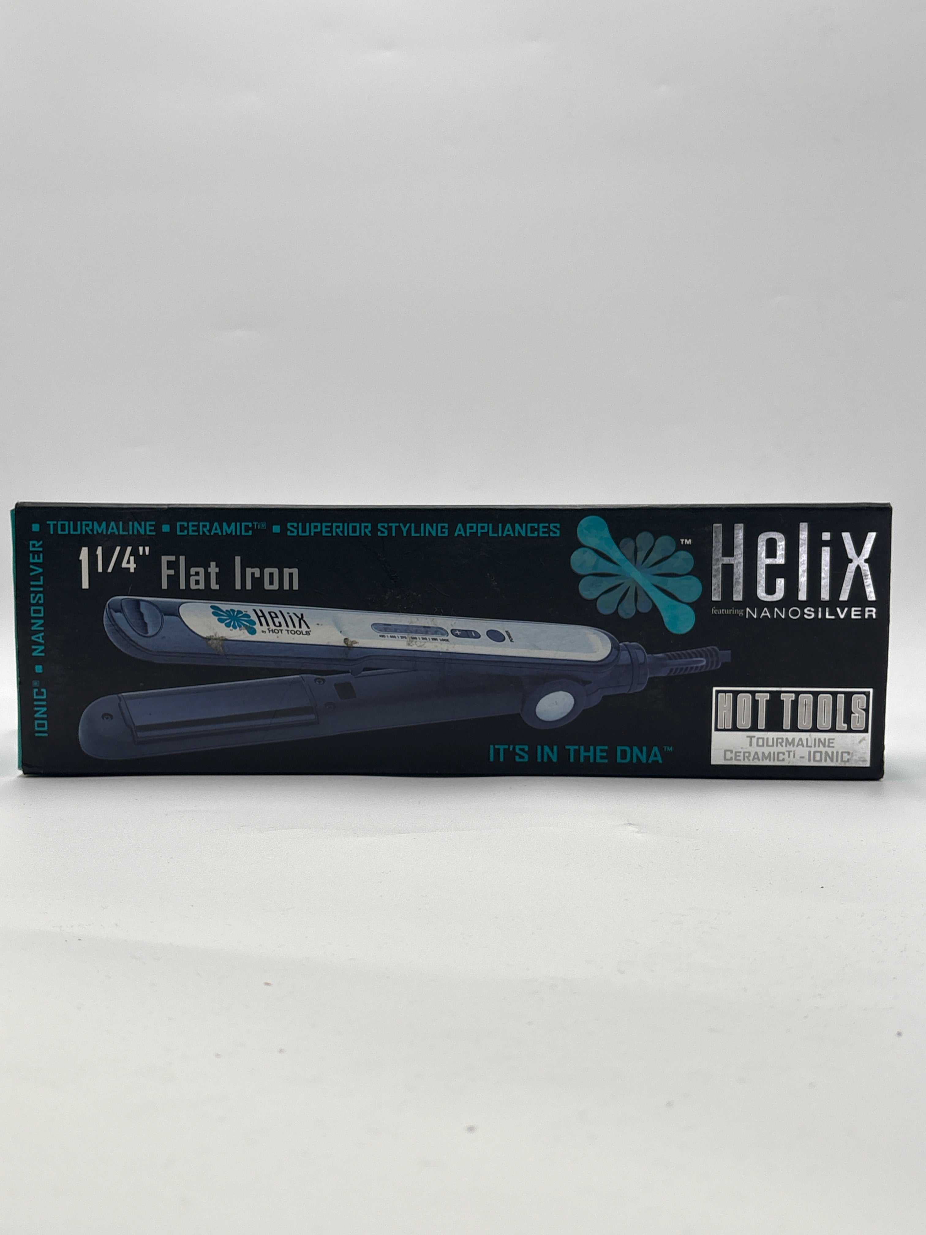 Helix Nano Silver flat iron with tourmaline ceramic plates in black and white packaging