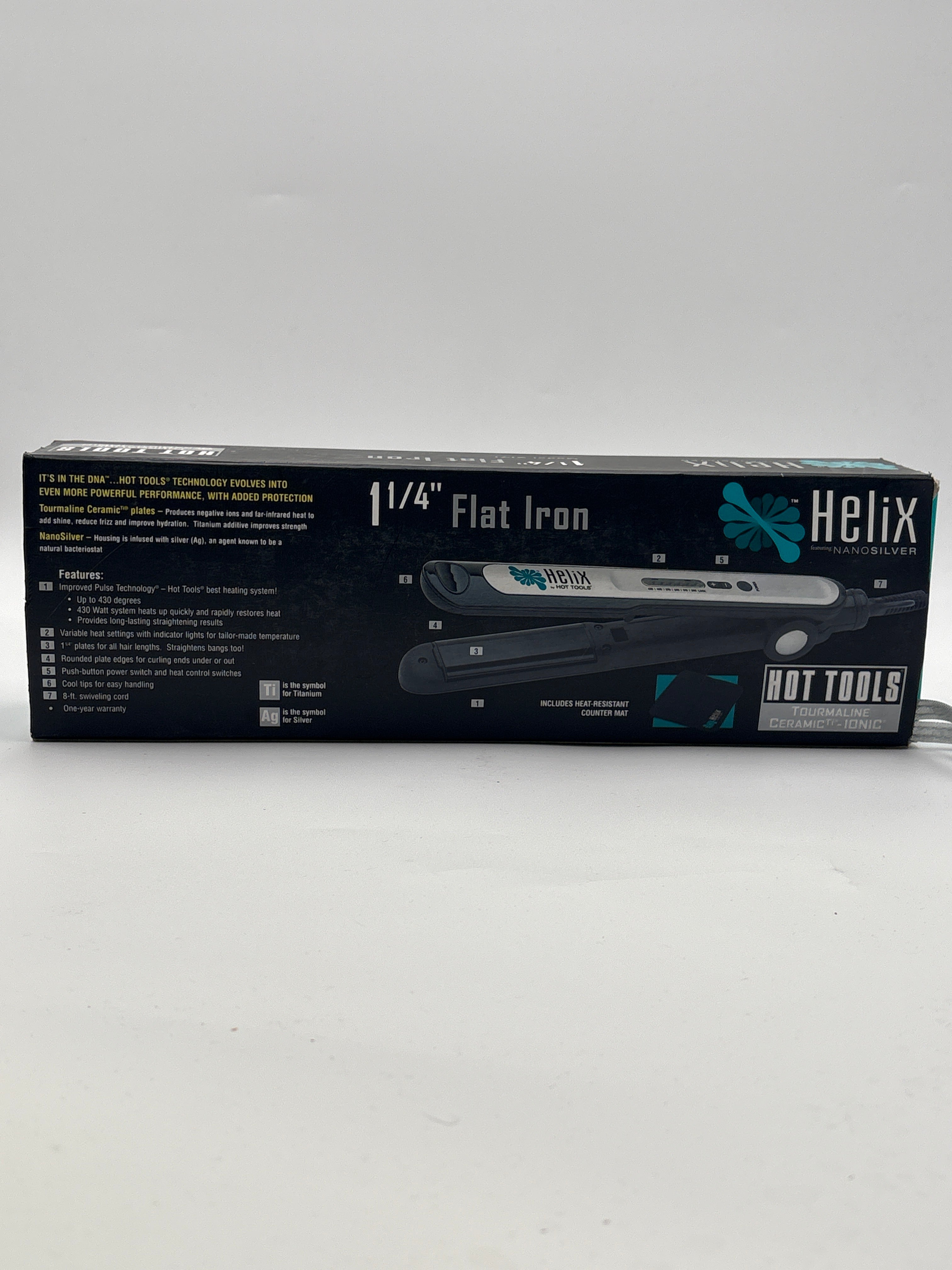 Helix Nano Silver flat iron 1.25 inch with ceramic plates in black and silver packaging