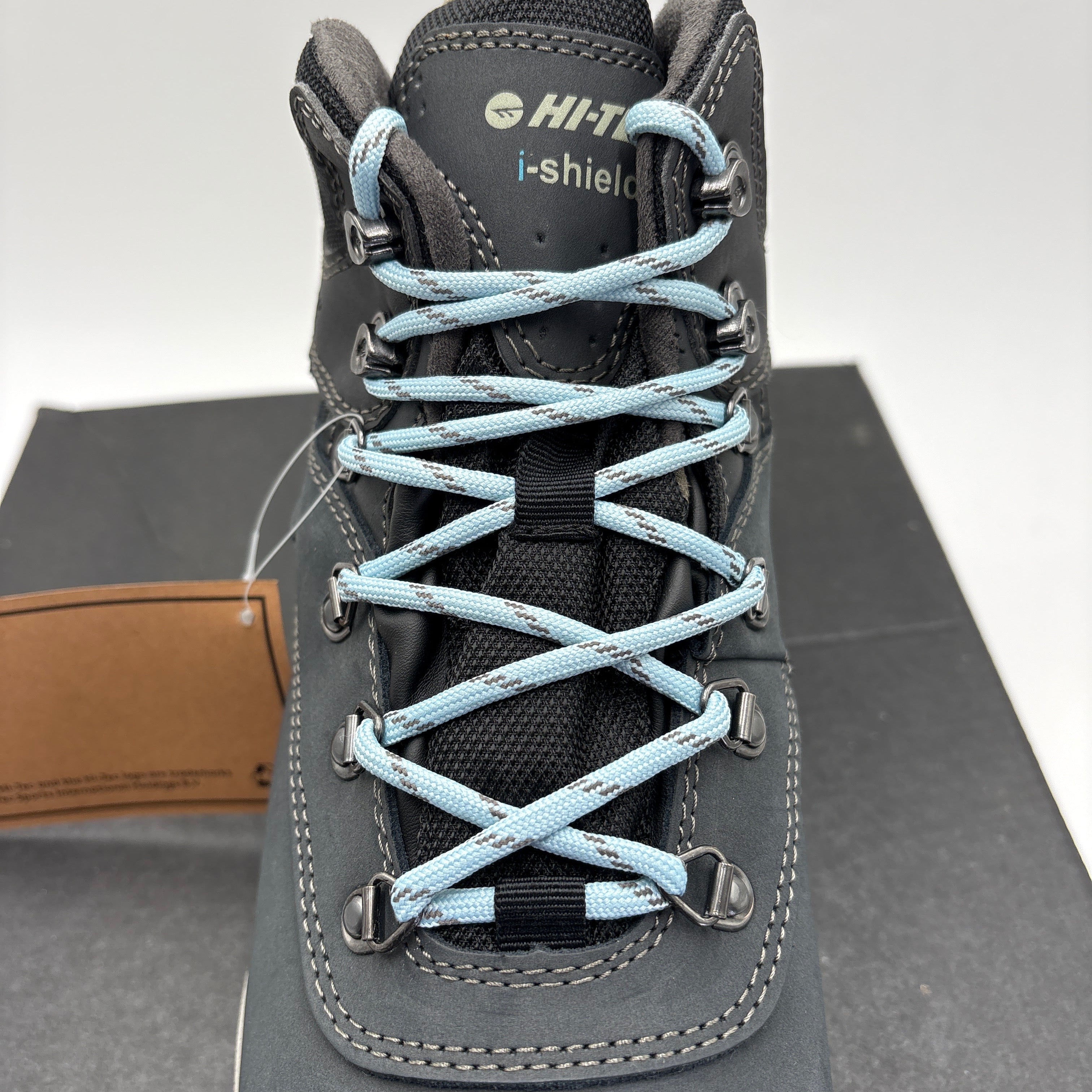 Close-up of HI-TEC Altitude VI boots for women in gray with light blue laces and i-shield branding