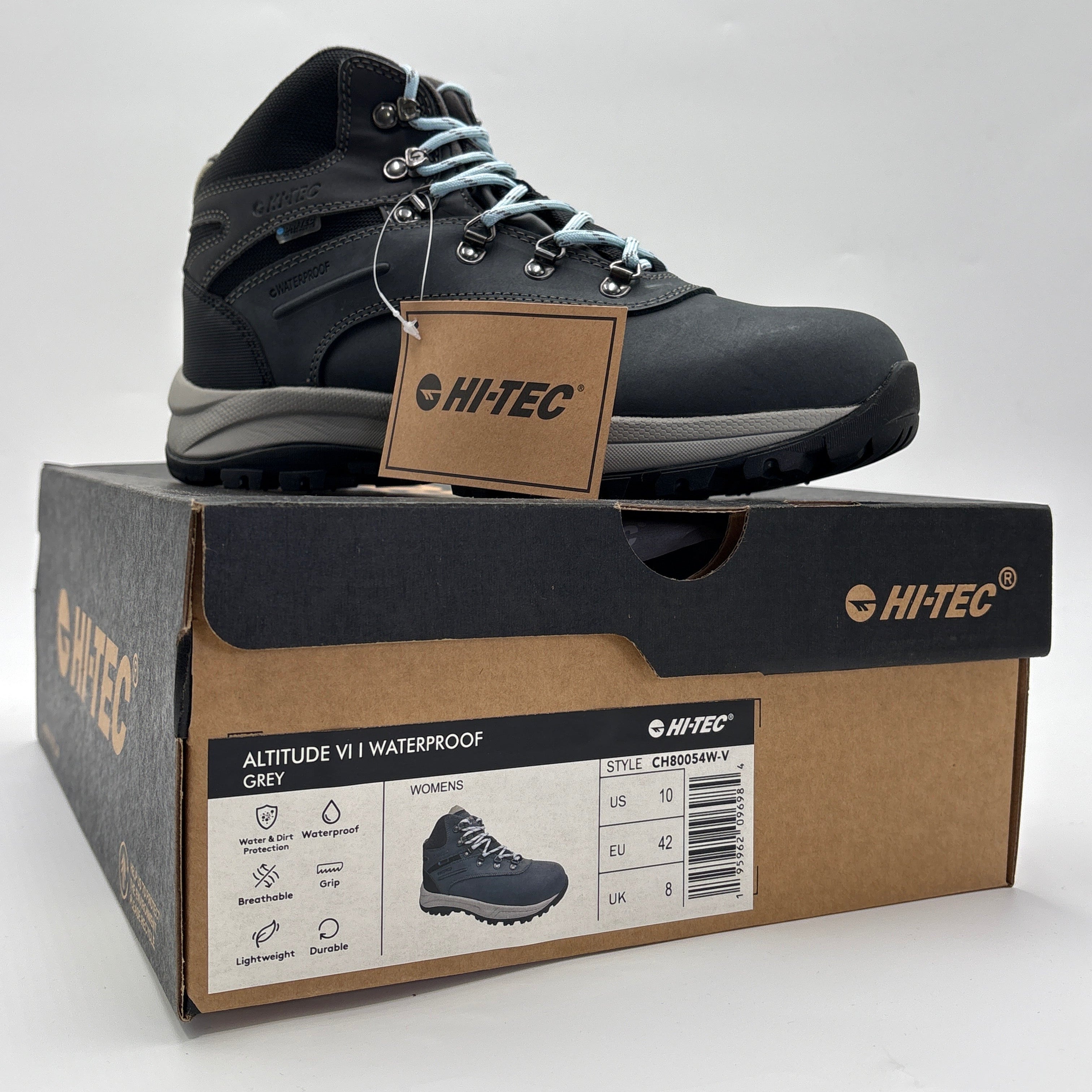 HI-TEC Altitude VI boots for women in waterproof grey design on branded box