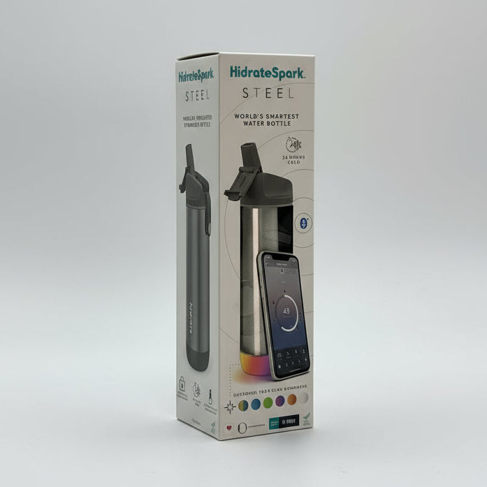 HidrateSpark Steel Bluetooth water bottle for daily hydration with smartphone hydration tracking app