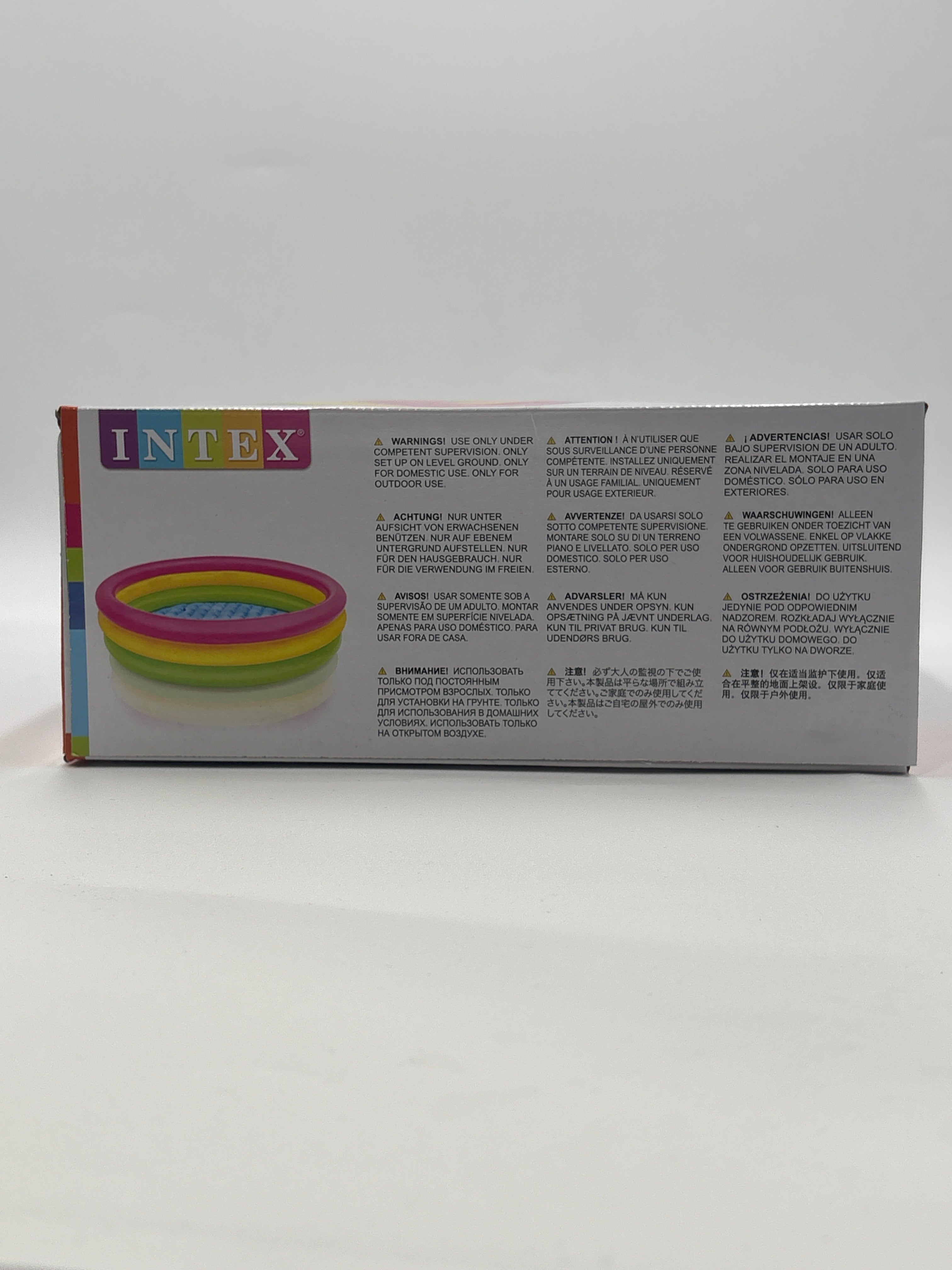 Intex round pool 58 x 13 colorful inflatable kids pool in packaging box with usage warnings