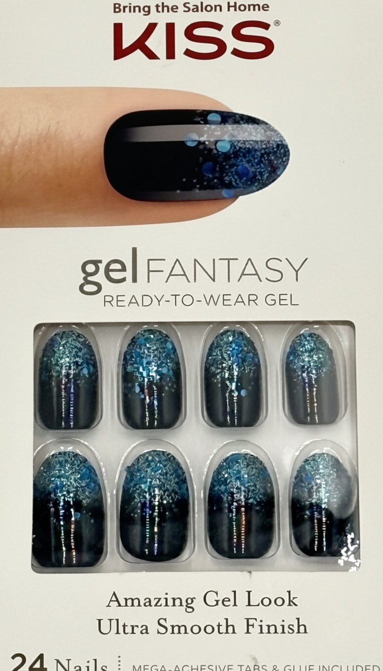 KISS Gel Fantasy press on nails with blue glitter gradient design 24 nails medium length