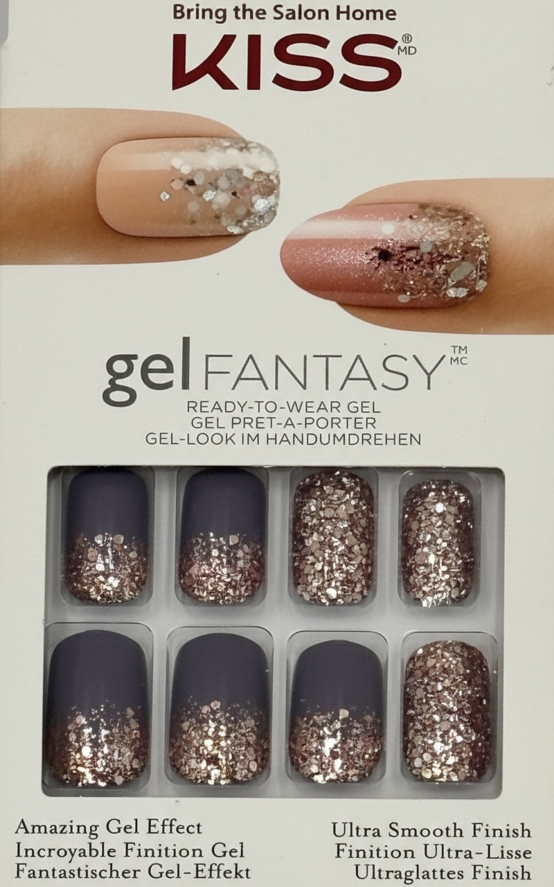 KISS Gel Fantasy press on nails with glitter and matte purple design in retail packaging
