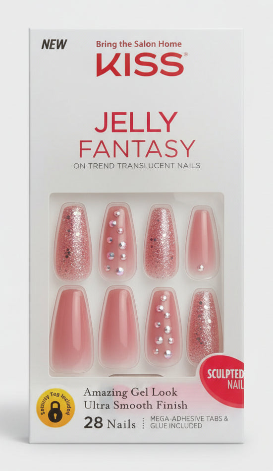 KISS Gel Fantasy press on nails Jelly Fantasy translucent pink set with glitter and pearls by DOLLARS UNIVERSE LLC
