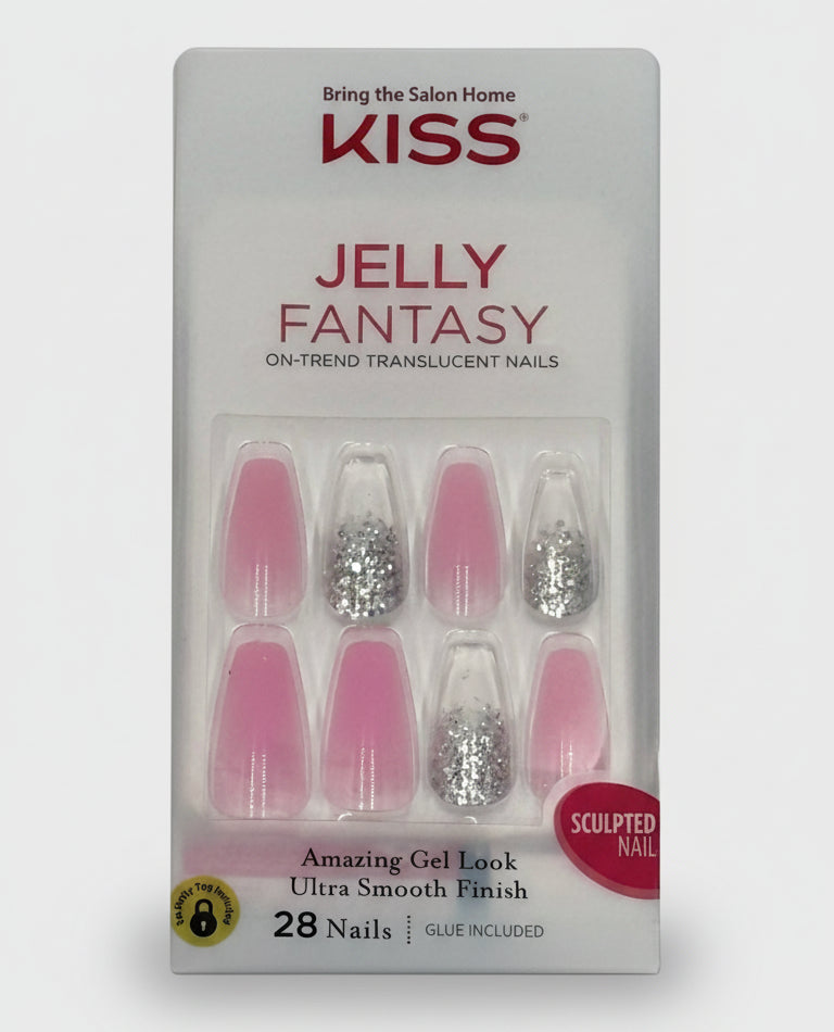 KISS Gel Fantasy press on nails Jelly Fantasy translucent pink and silver glitter set with 28 nails