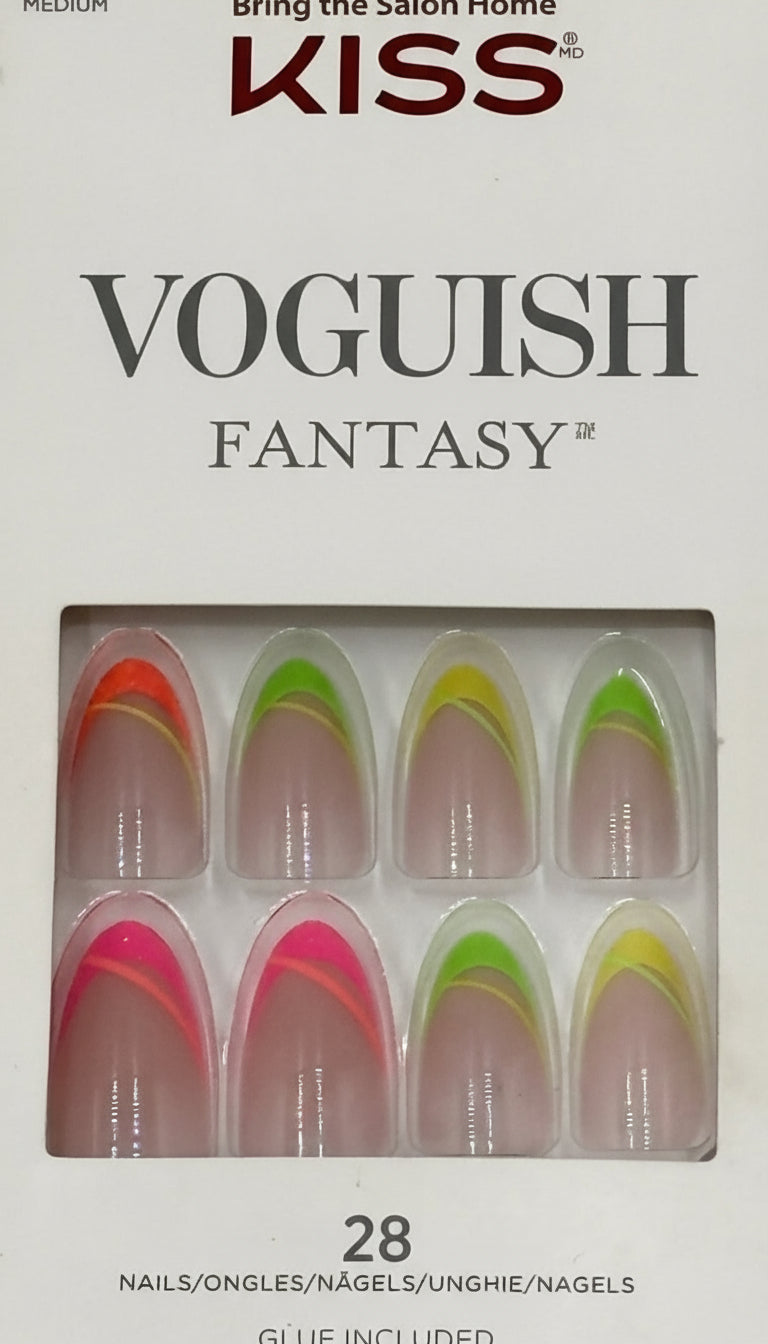 KISS Gel Fantasy press on nails Voguesh design with neon curved tips in orange, pink, green, and yellow