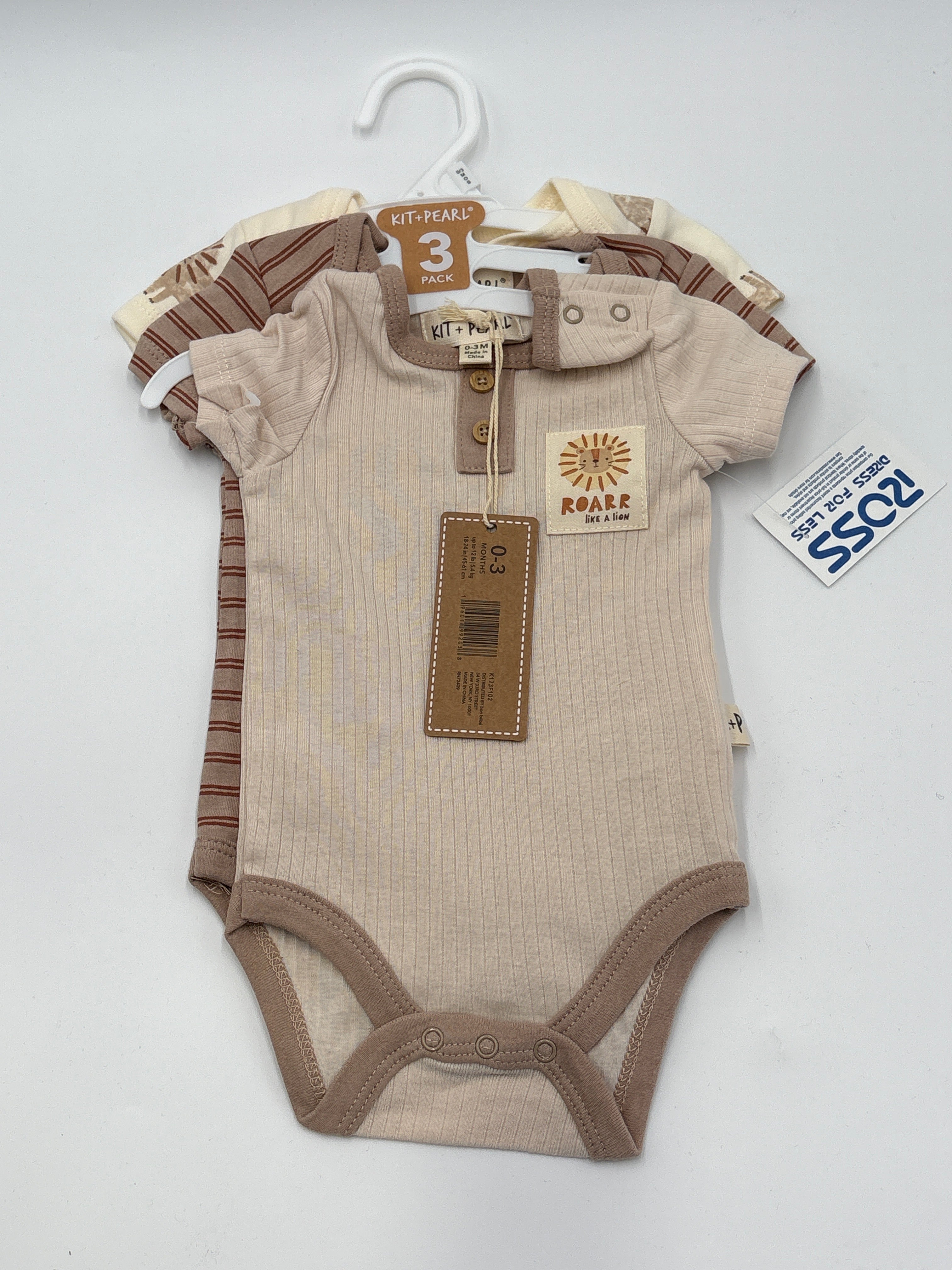 DOLLARS UNIVERSE LLC baby romper set 3 pack with neutral earthy tones and short sleeves on hanger
