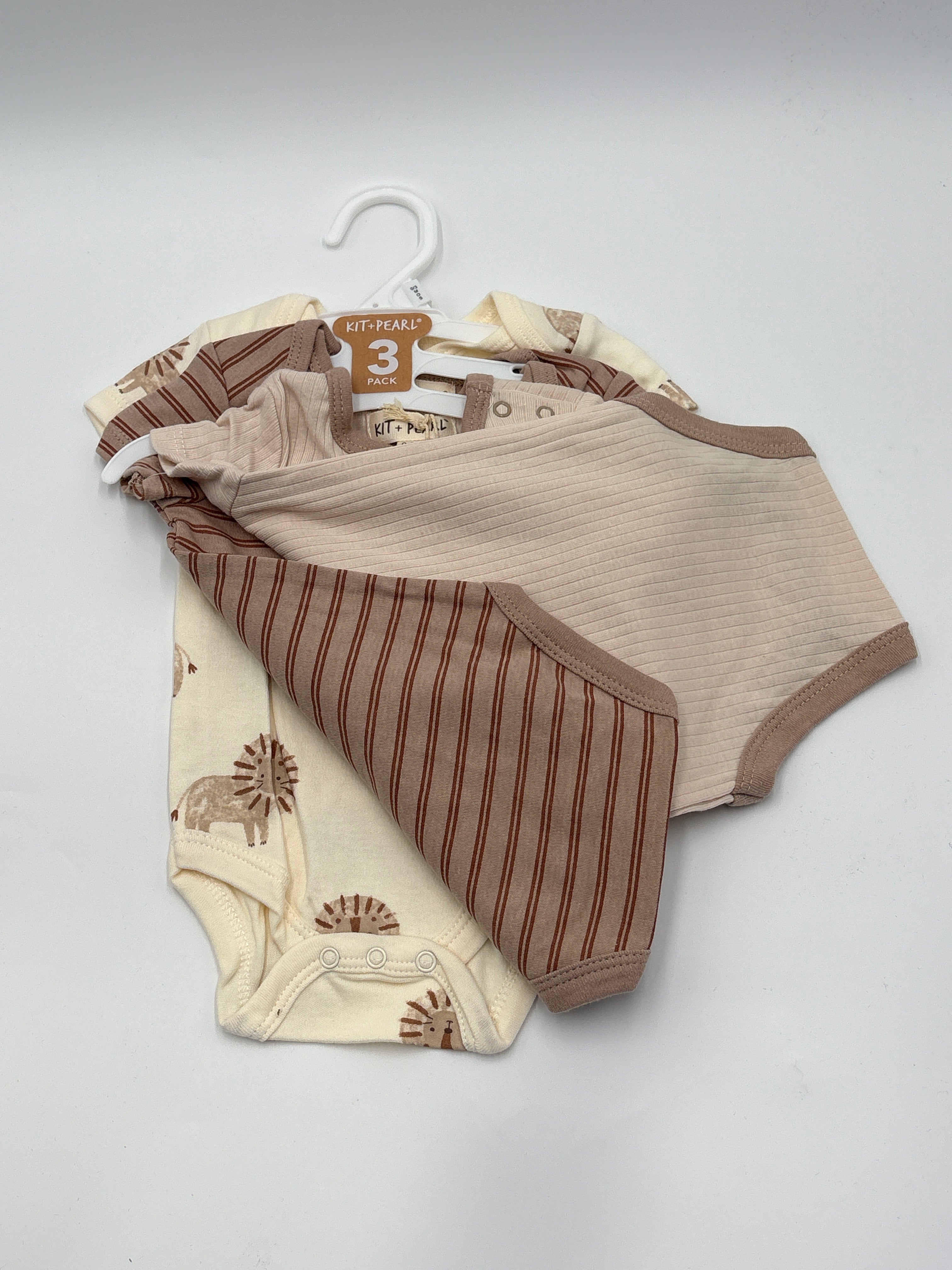 DOLLARS UNIVERSE LLC baby romper set 3 pack with brown and beige patterns on white hanger