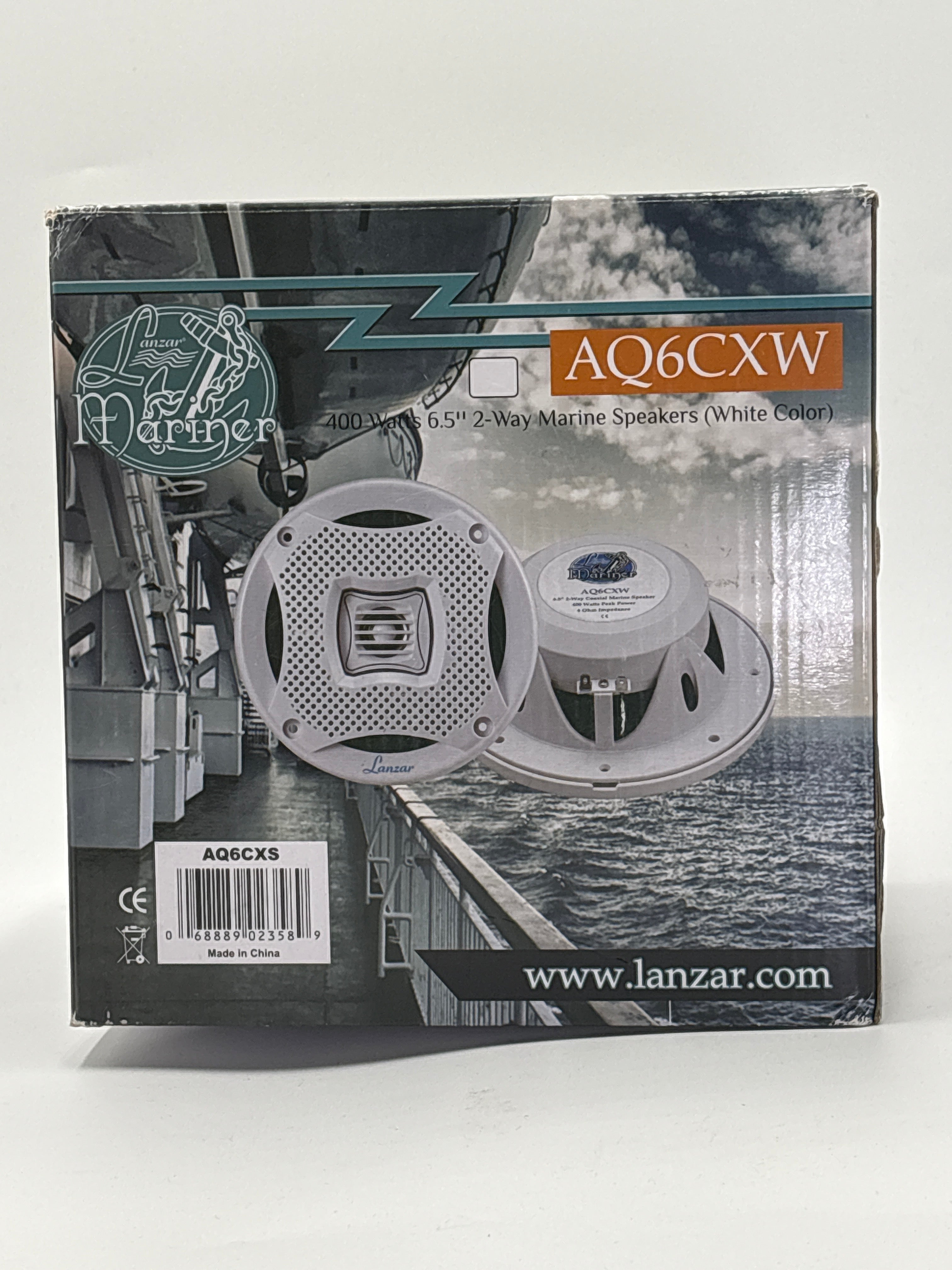 400 watt marine stereo speakers AQ6CXW white color box showing front and back speaker views