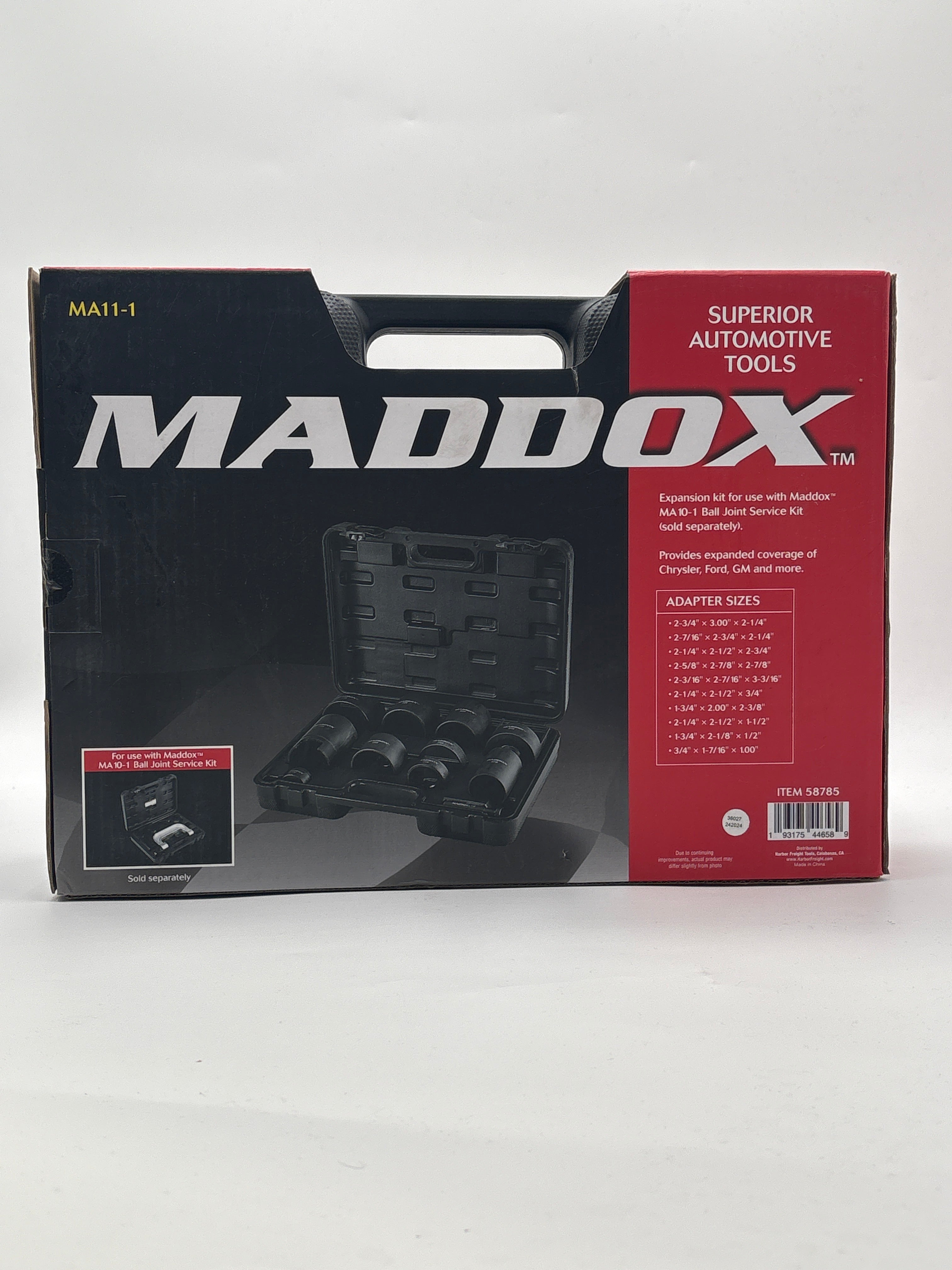 Maddox ball joint service add-on kit in black and red box with case and tool sizes listed