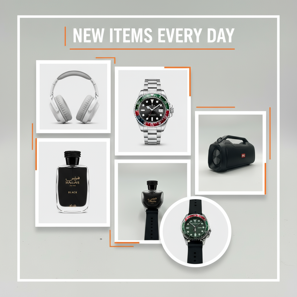 make a photo collage of some of our products and put as a title "new items every day" bold fonts