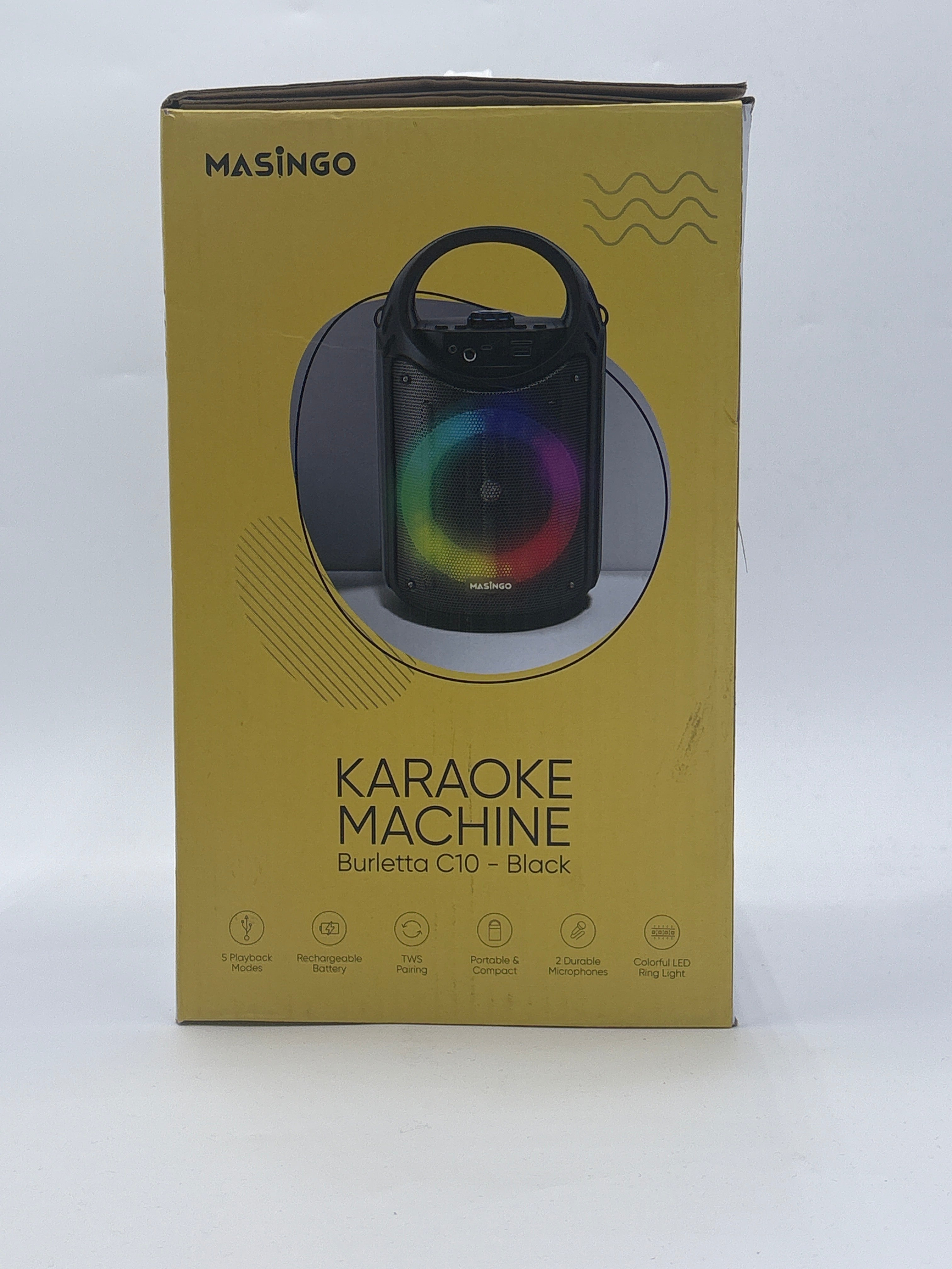 Burletta C10 karaoke machine black with colorful LED lights displayed on product packaging