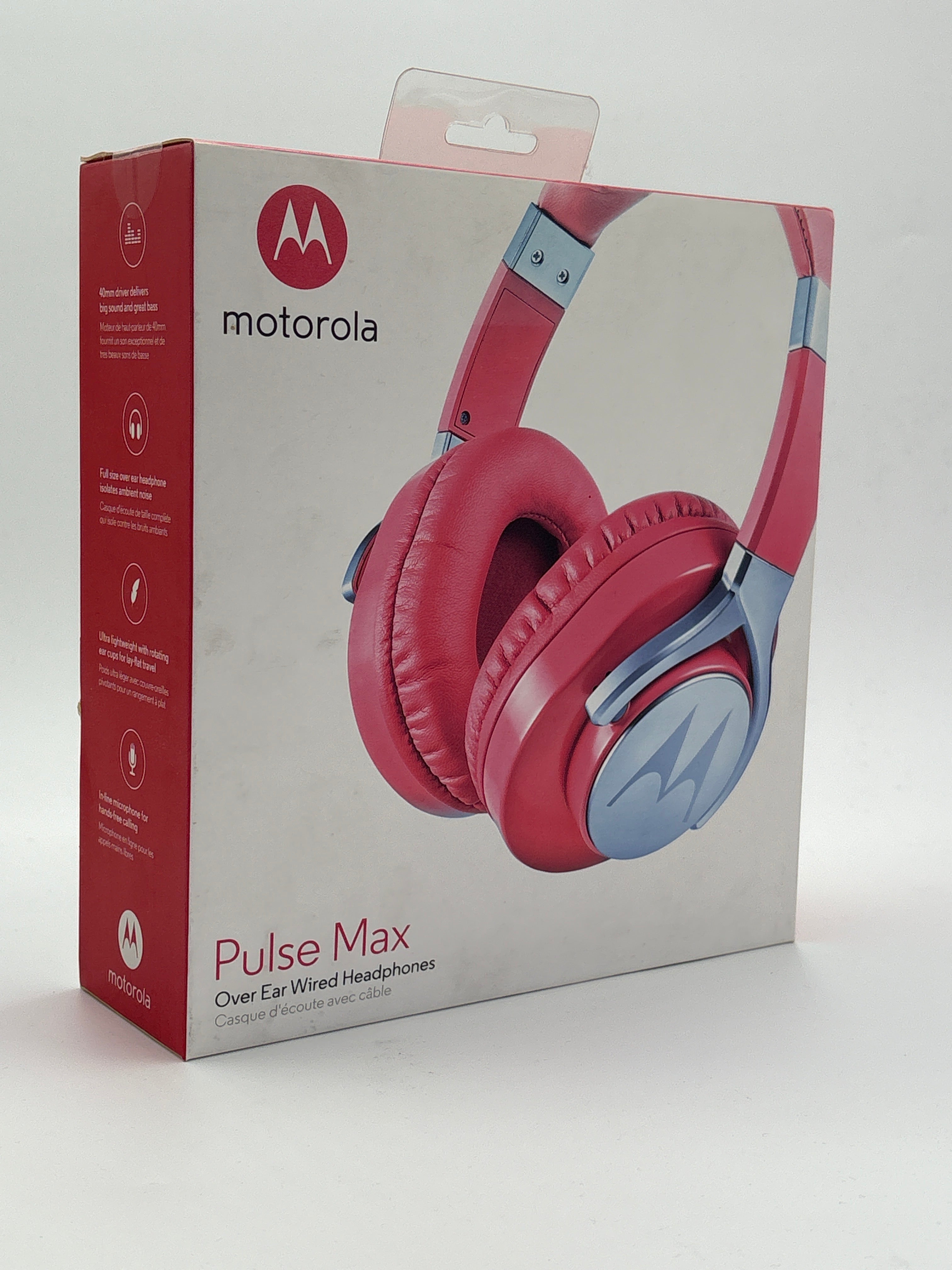 Motorola Pulse Max headphones red over ear wired headphones with cushioned ear pads in retail packaging