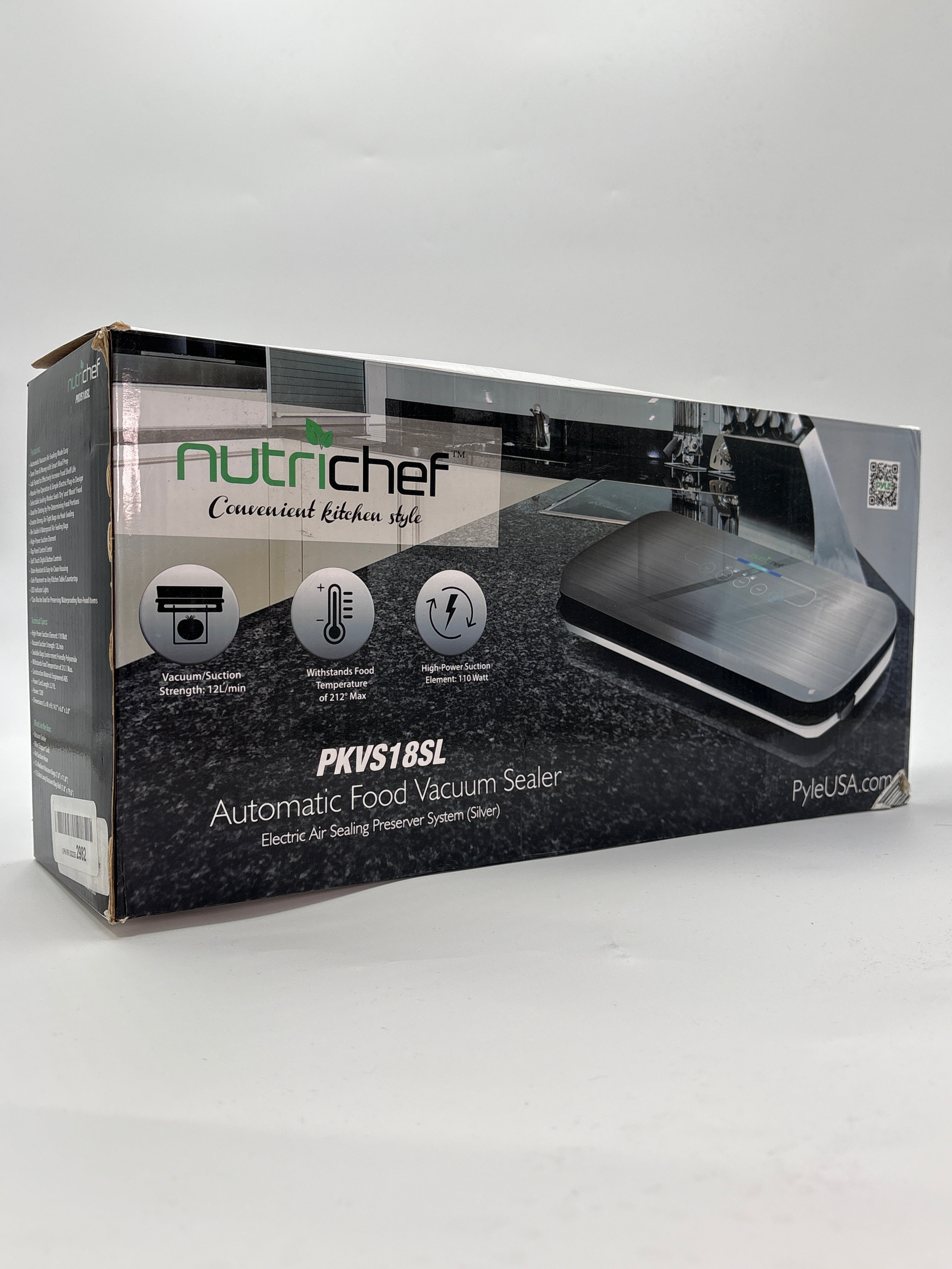 NutriChef automatic food vacuum sealer PKVS18SL box showing appliance and features for food preservation