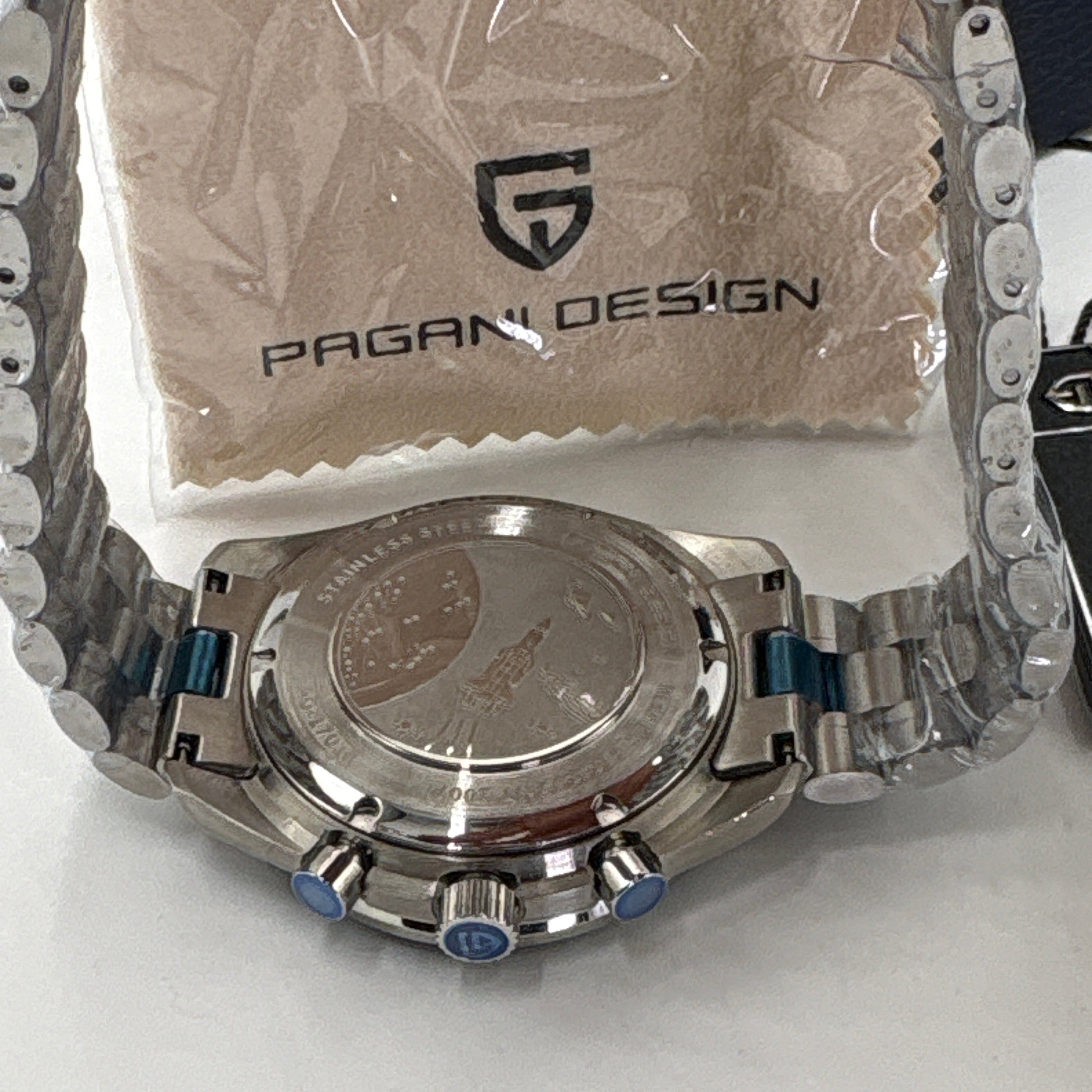Back view of Pagani Design men’s watch with stainless steel band and engraved case back