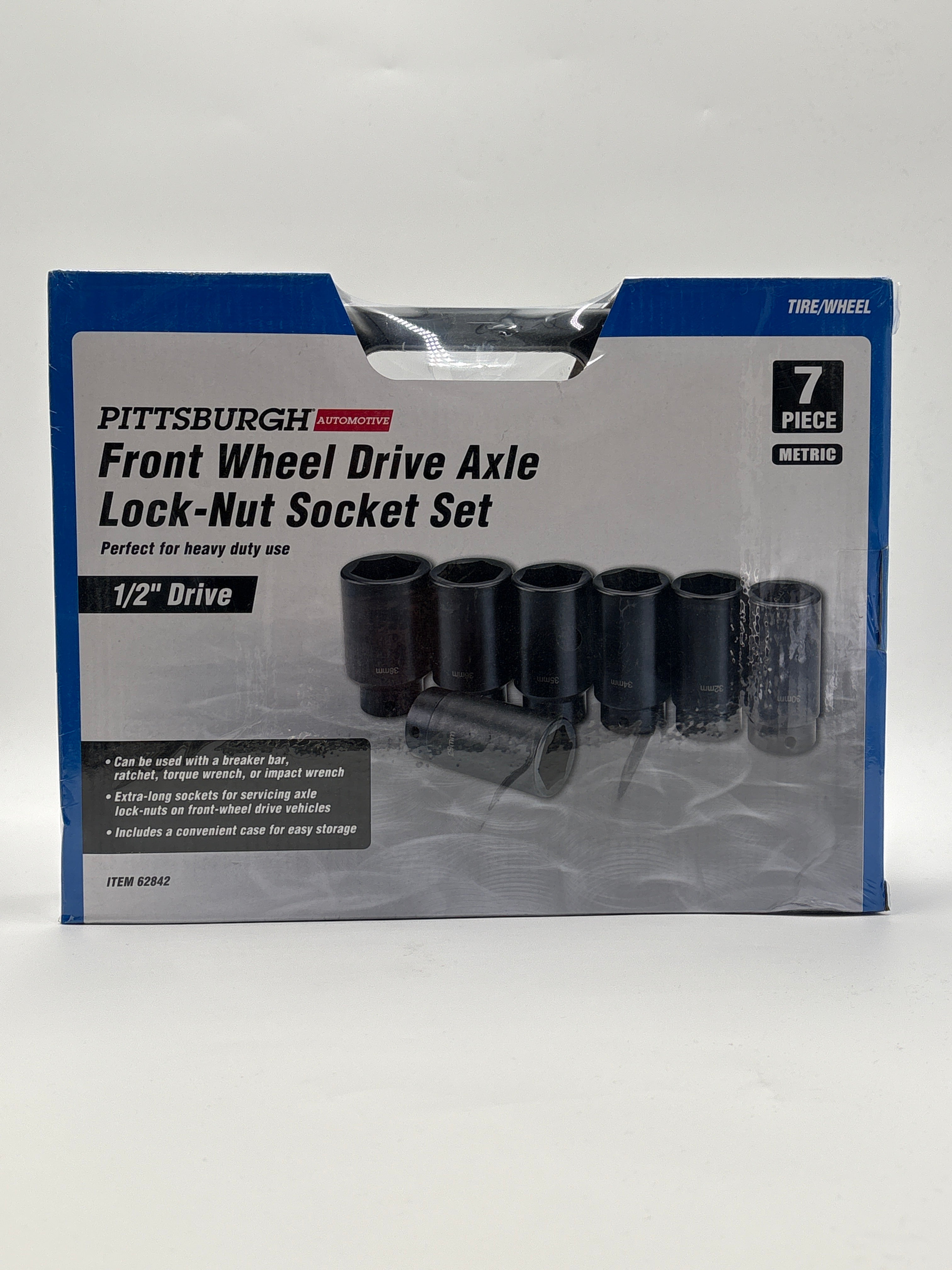 Pittsburgh 1/2 inch drive axle nut socket kit with 7-piece metric front wheel lock-nut sockets