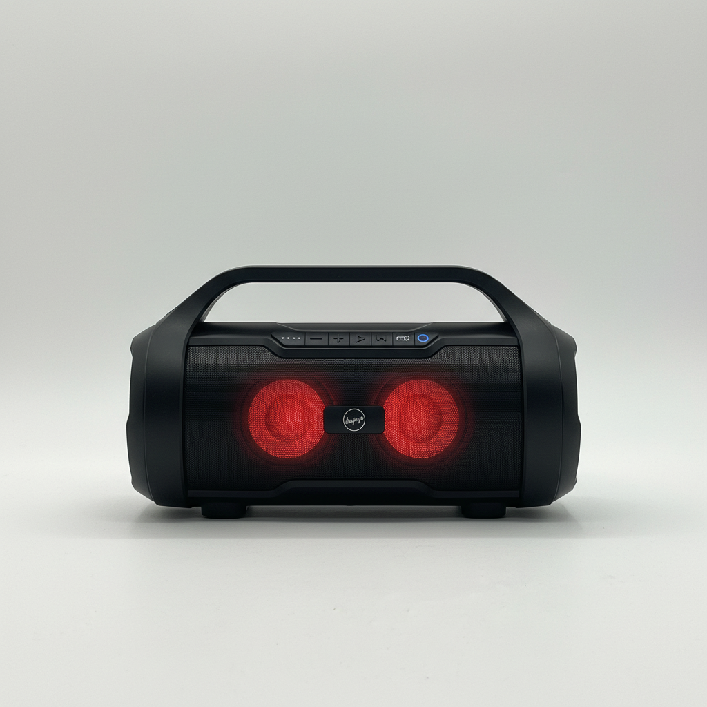 Black portable Bluetooth boombox limited edition with red speaker lights and top control buttons