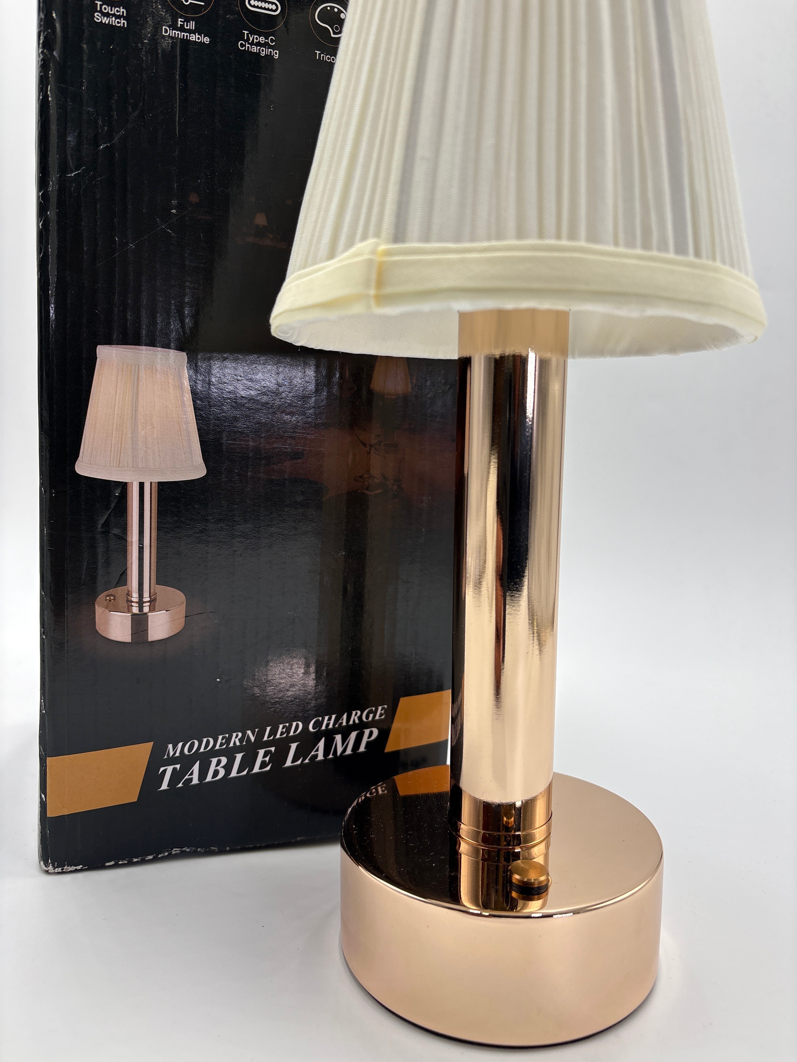 DOLLARS UNIVERSE LLC portable LED desk lamp with a white pleated shade and rose gold base