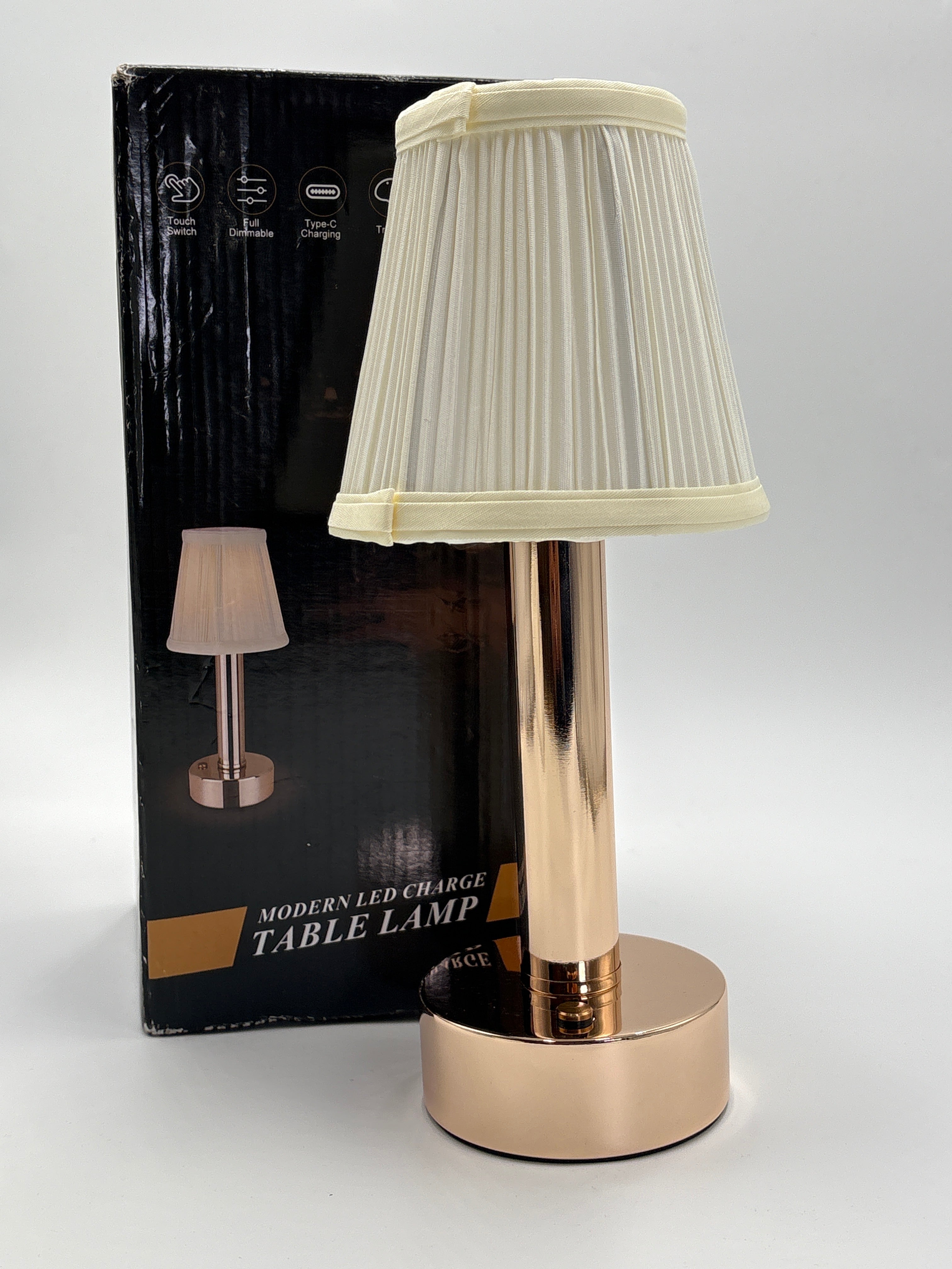 DOLLARS UNIVERSE LLC portable LED desk lamp with gold base and white pleated shade