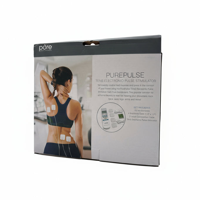 PUREPULSE muscle pain relief device box by DOLLARS UNIVERSE LLC with woman using electrode pads on back