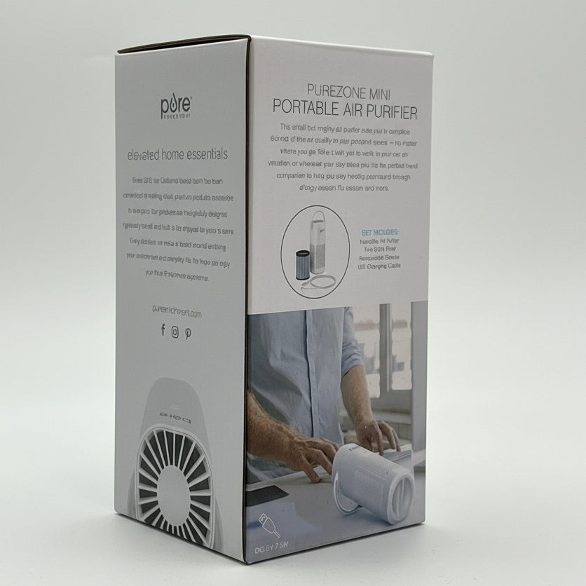 PUREZONE MINI personal air cleaner portable air purifier box with product image and description