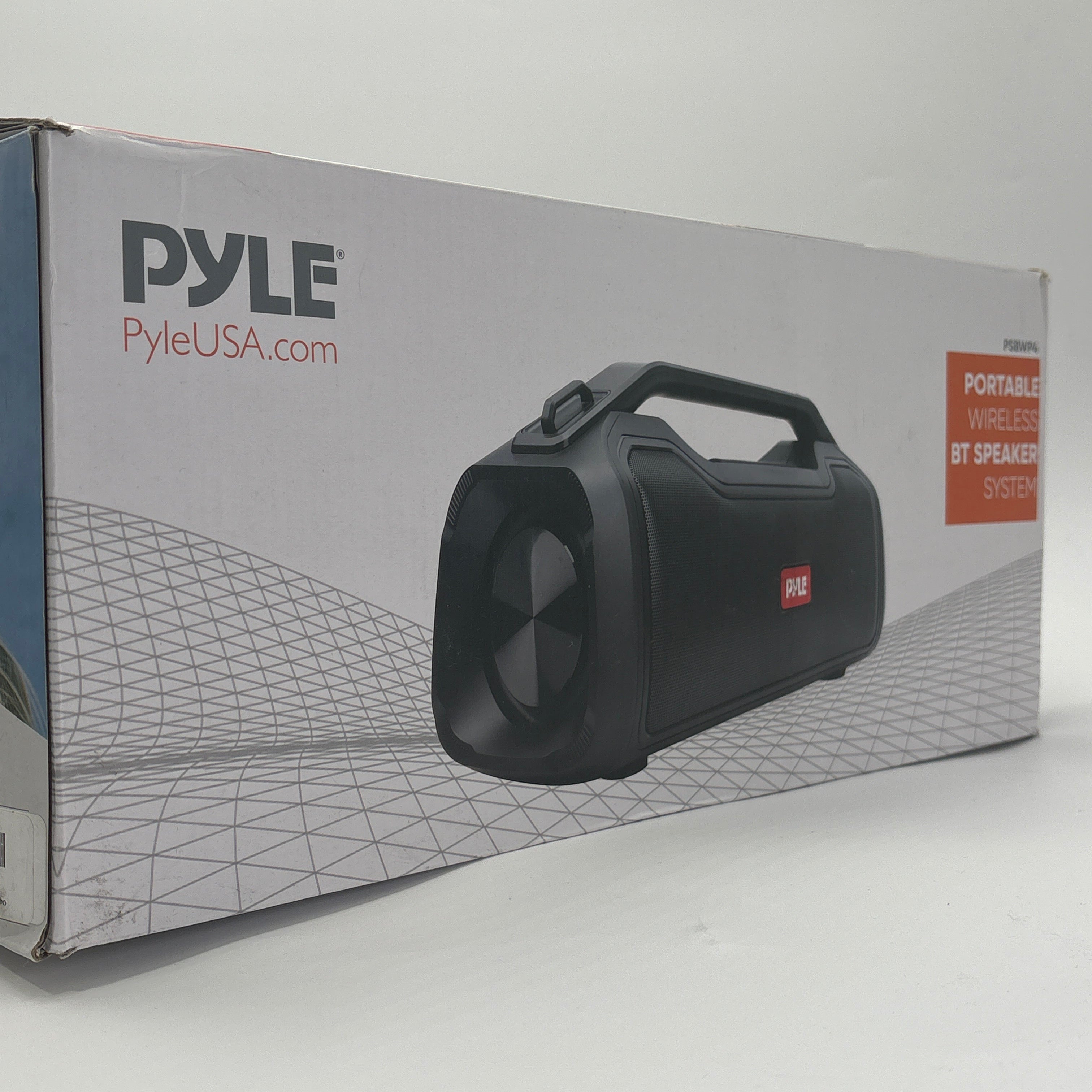 Pyle portable wireless Bluetooth speaker with handle in black, shown on product packaging box