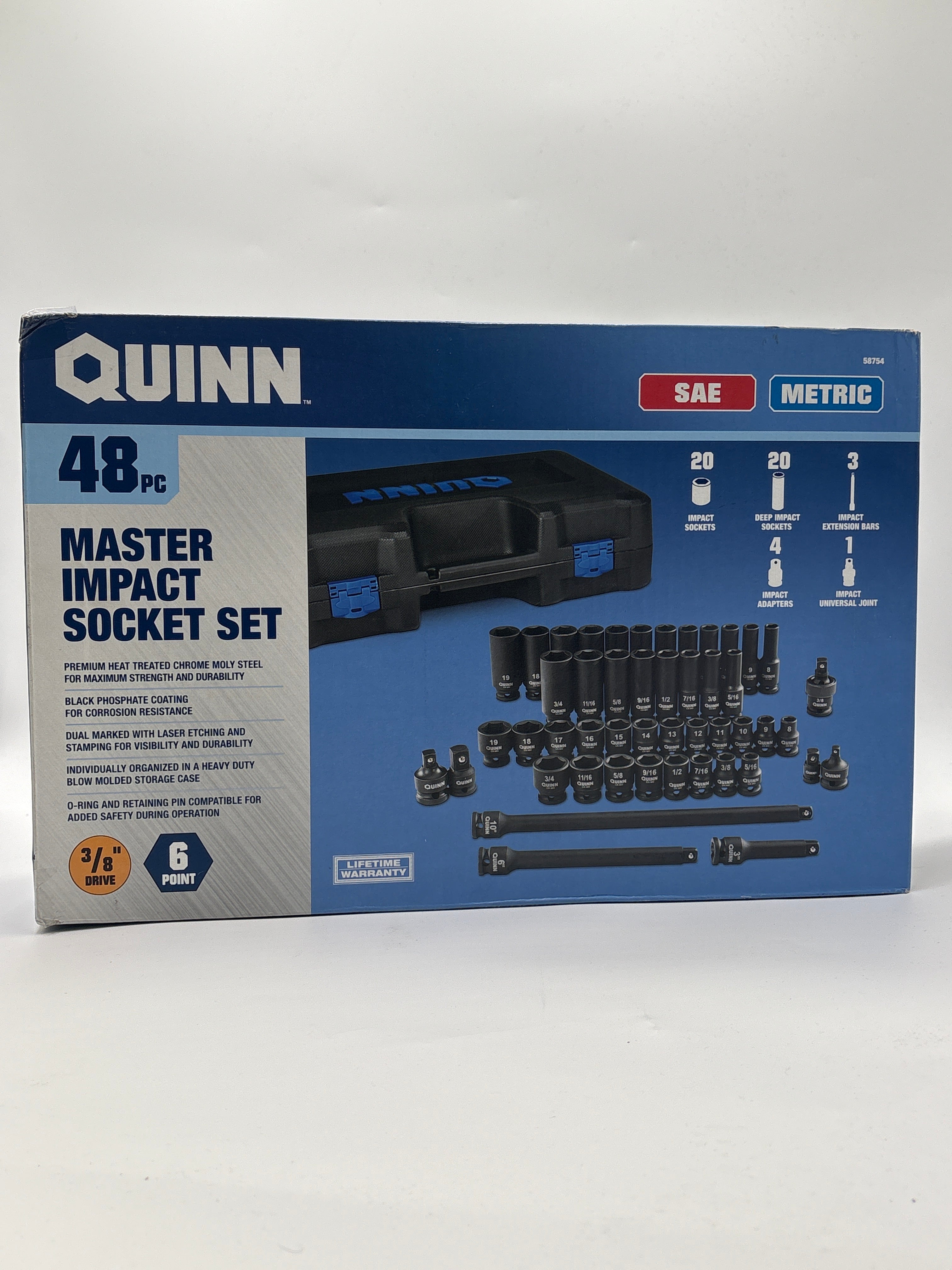Quinn 48-piece Master Impact Socket Set with SAE and Metric sockets in durable black case