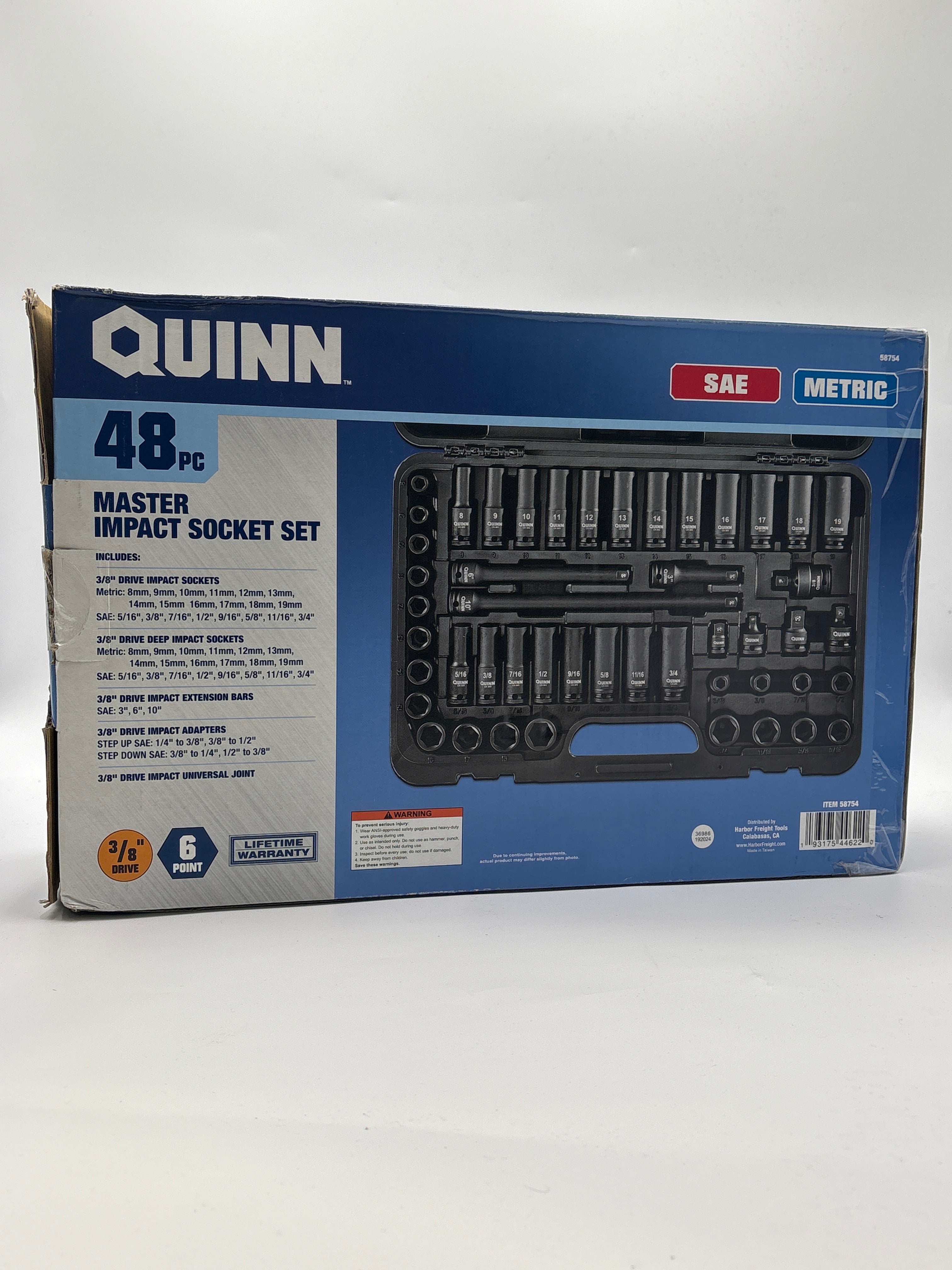 Quinn 48-piece master impact socket set with SAE and metric sockets in black case