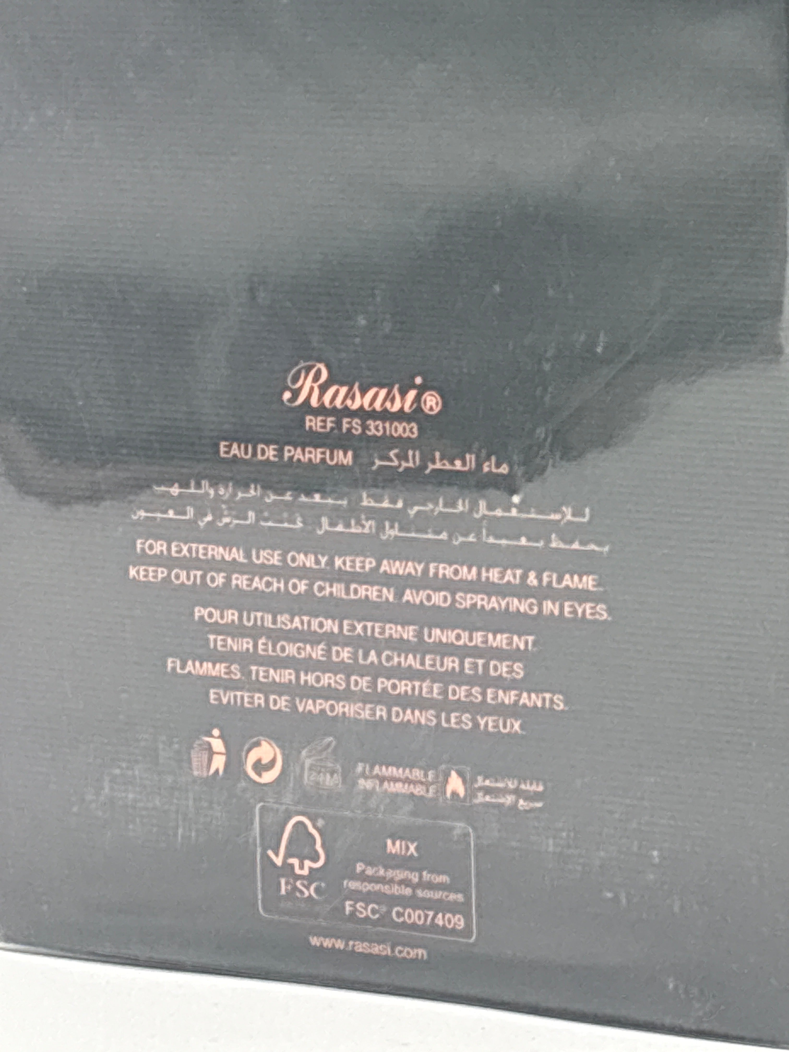 Rasasi Eau de Parfum packaging with safety instructions for the best men's luxury fragrance