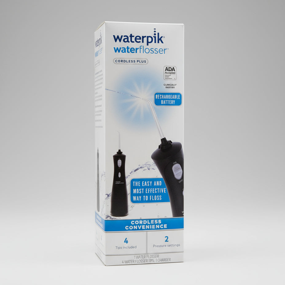 Box of Waterpik water flosser on a textured surface