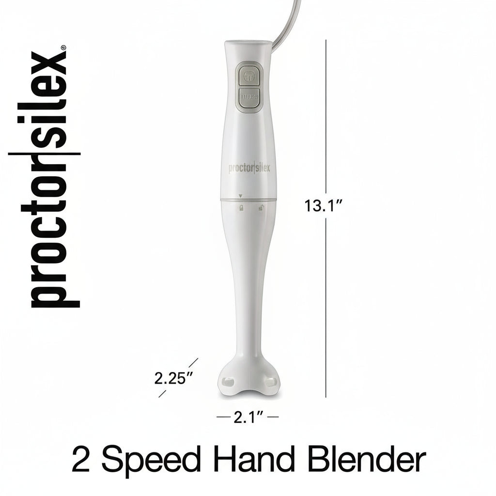 Proctorsilex 2-speed hand blender with dimensions on a white background