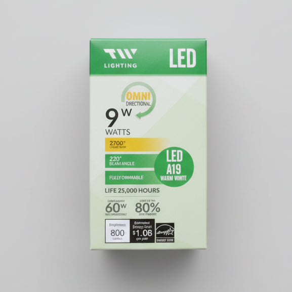 LED light bulb packaging on a gray surface