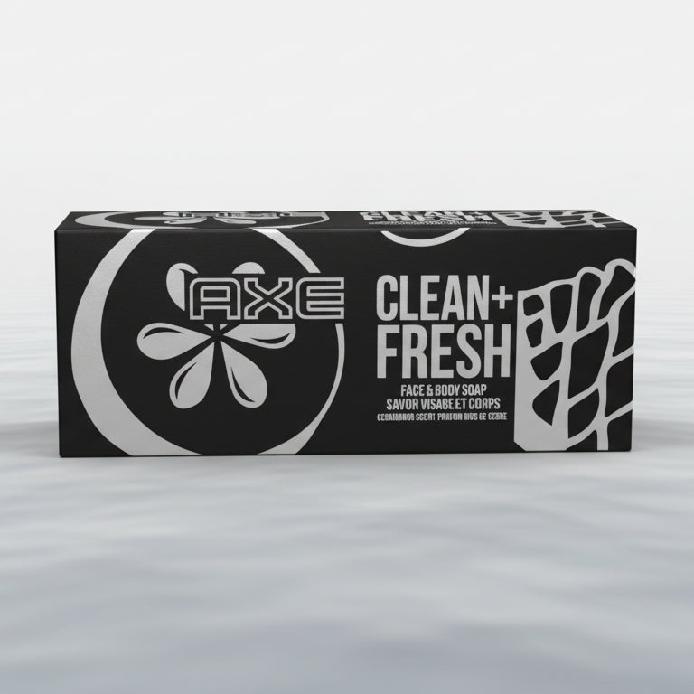 Axe Clean + Fresh soap packaging on a gray background