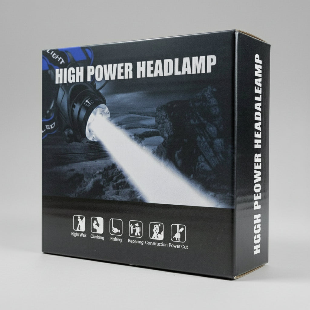 High power headlamp packaging with flashlight image and features listed.
